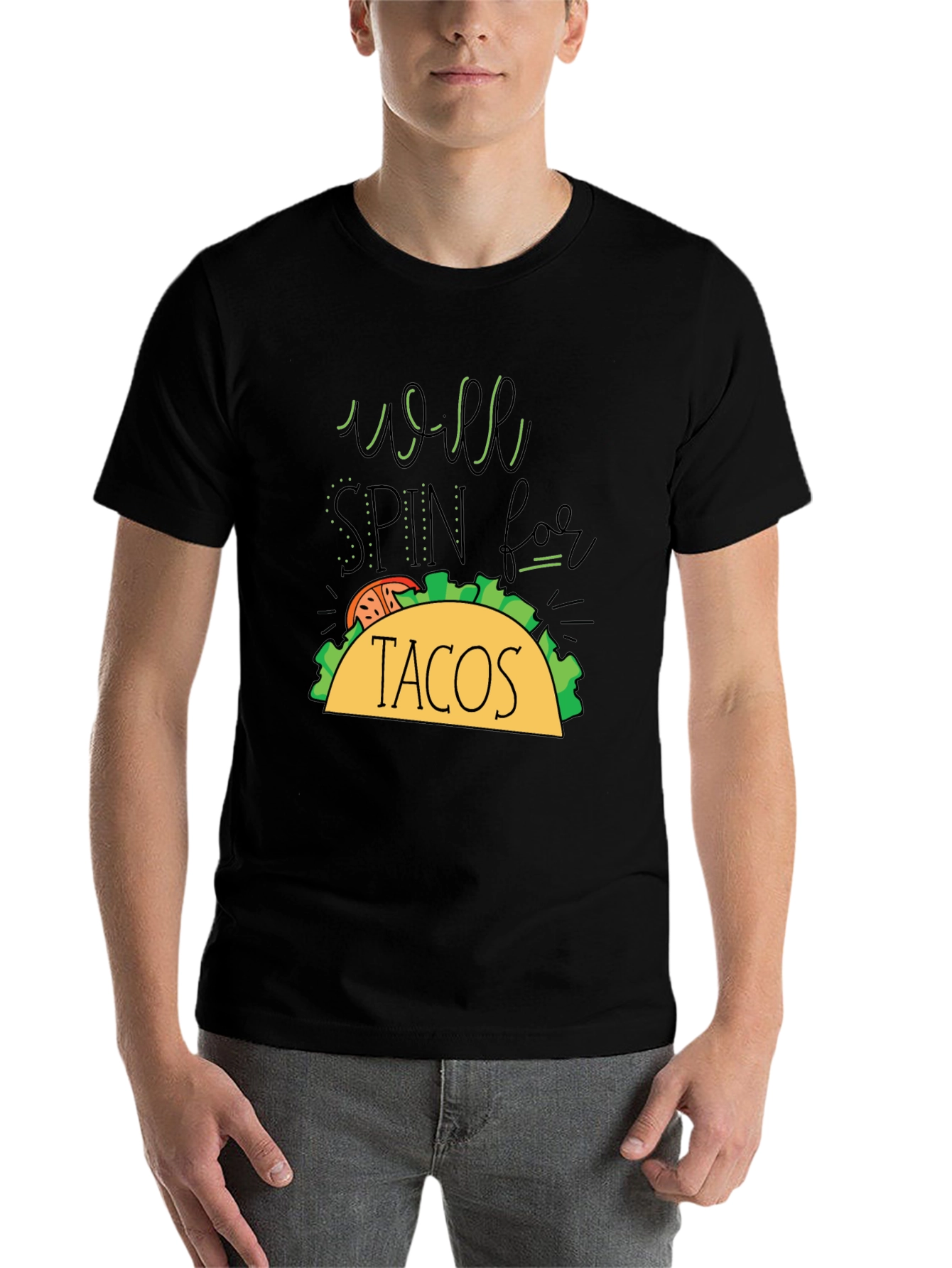 Black Taco Lover's T-Shirt - Will Spin For Tacos Graphic Tee view 7