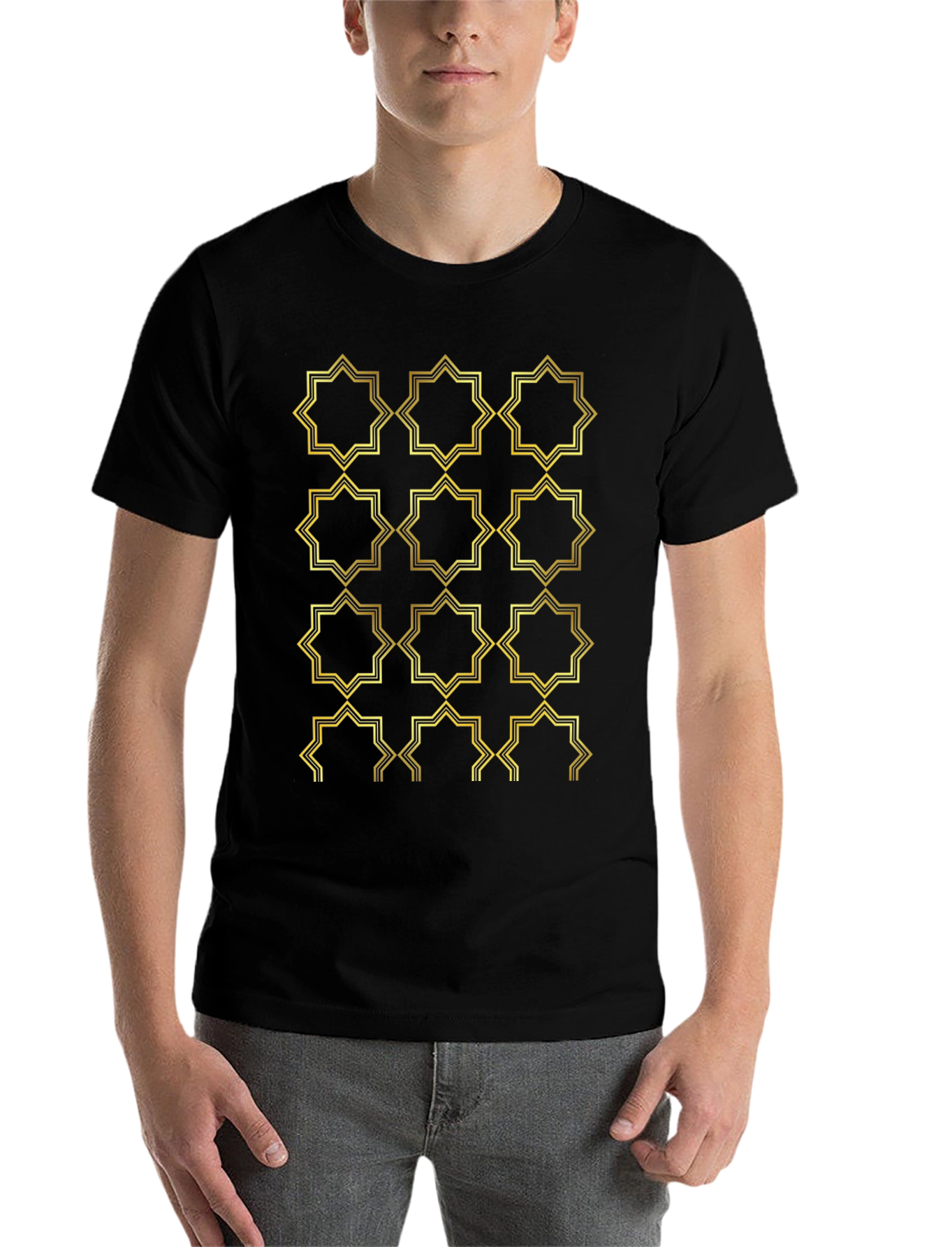 Black Geometric Gold Pattern Black T-Shirt view 7