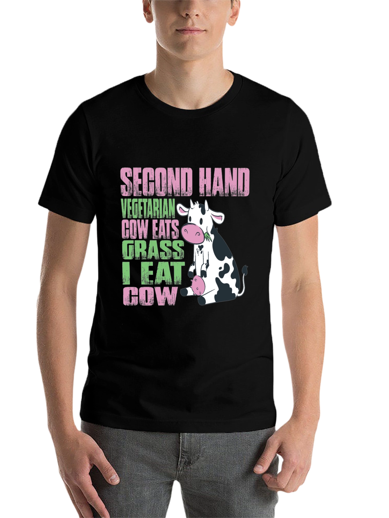 Black Second Hand Cow T-Shirt - Vegetarian & Meat Eater Humor view 7