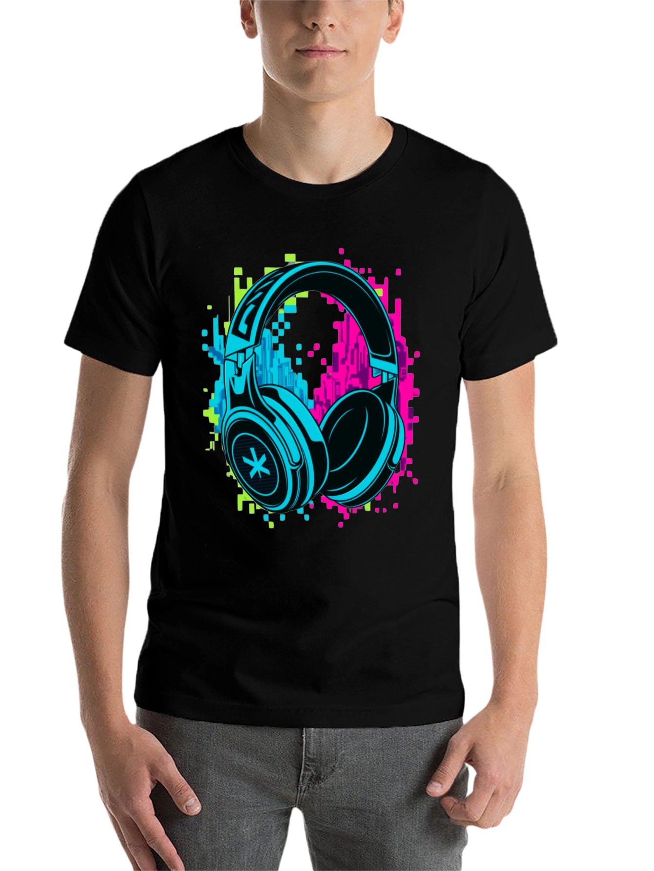 Black Neon Headphones Graphic Black T-Shirt view 7