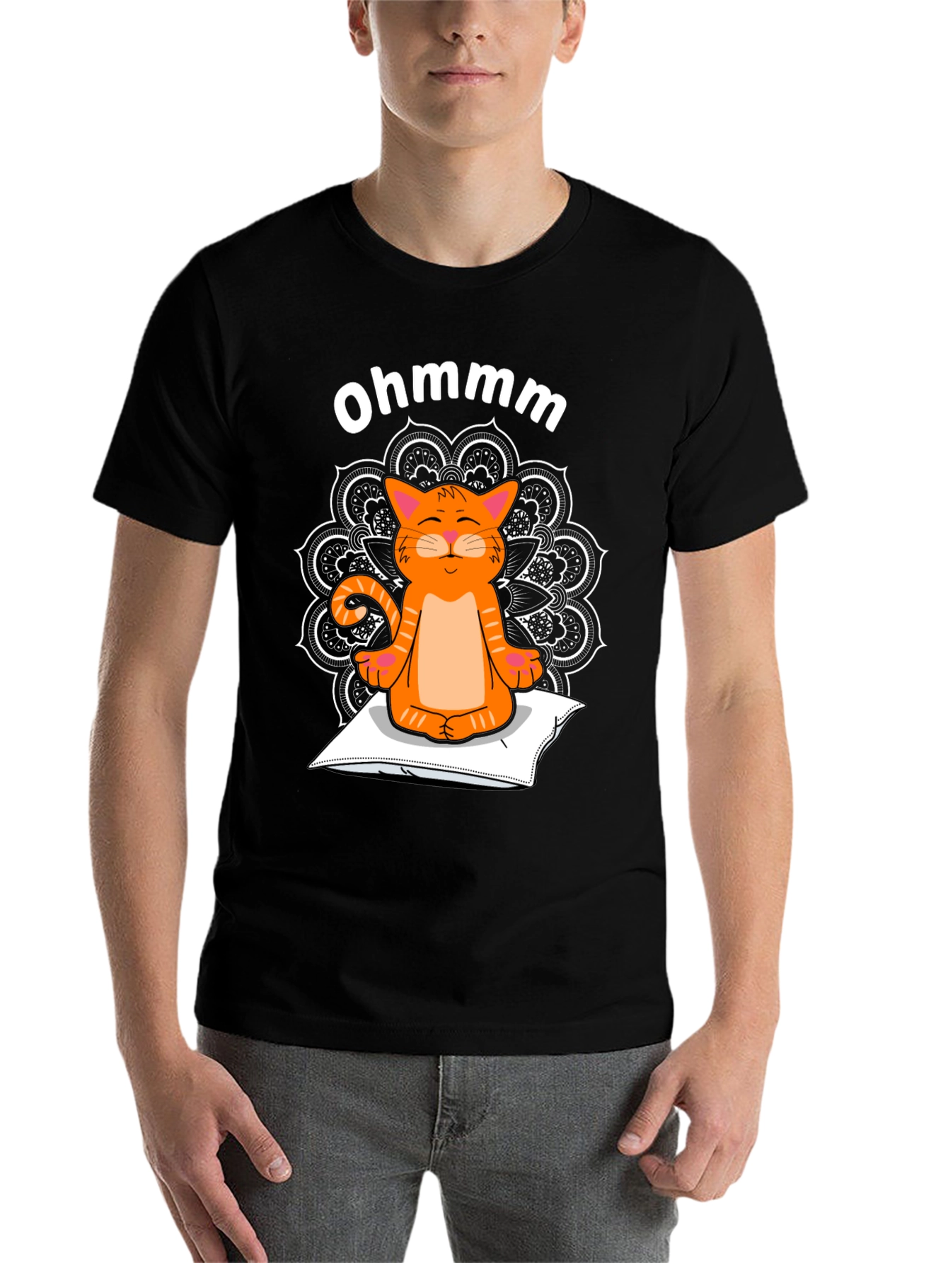 Black Ohmmm Cat Yoga T-Shirt - Meditating Feline Tee view 7