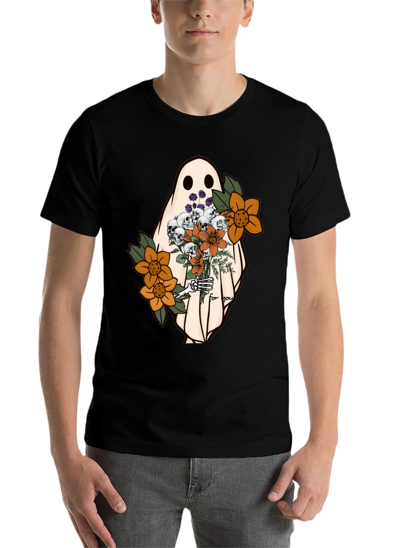 Black Ghost with Flowers Graphic Tee - Unisex Soft Cotton view 7