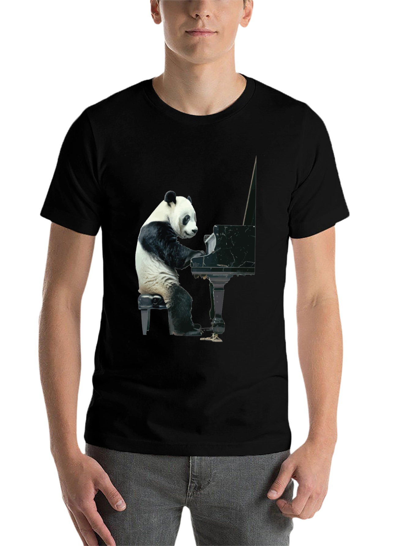 Black Panda Playing Piano Graphic Tee - Black Cotton Shirt view 7