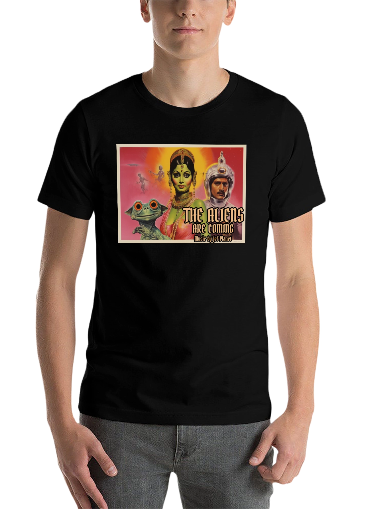 Black Retro Sci-Fi Alien Invasion Graphic T-Shirt view 7