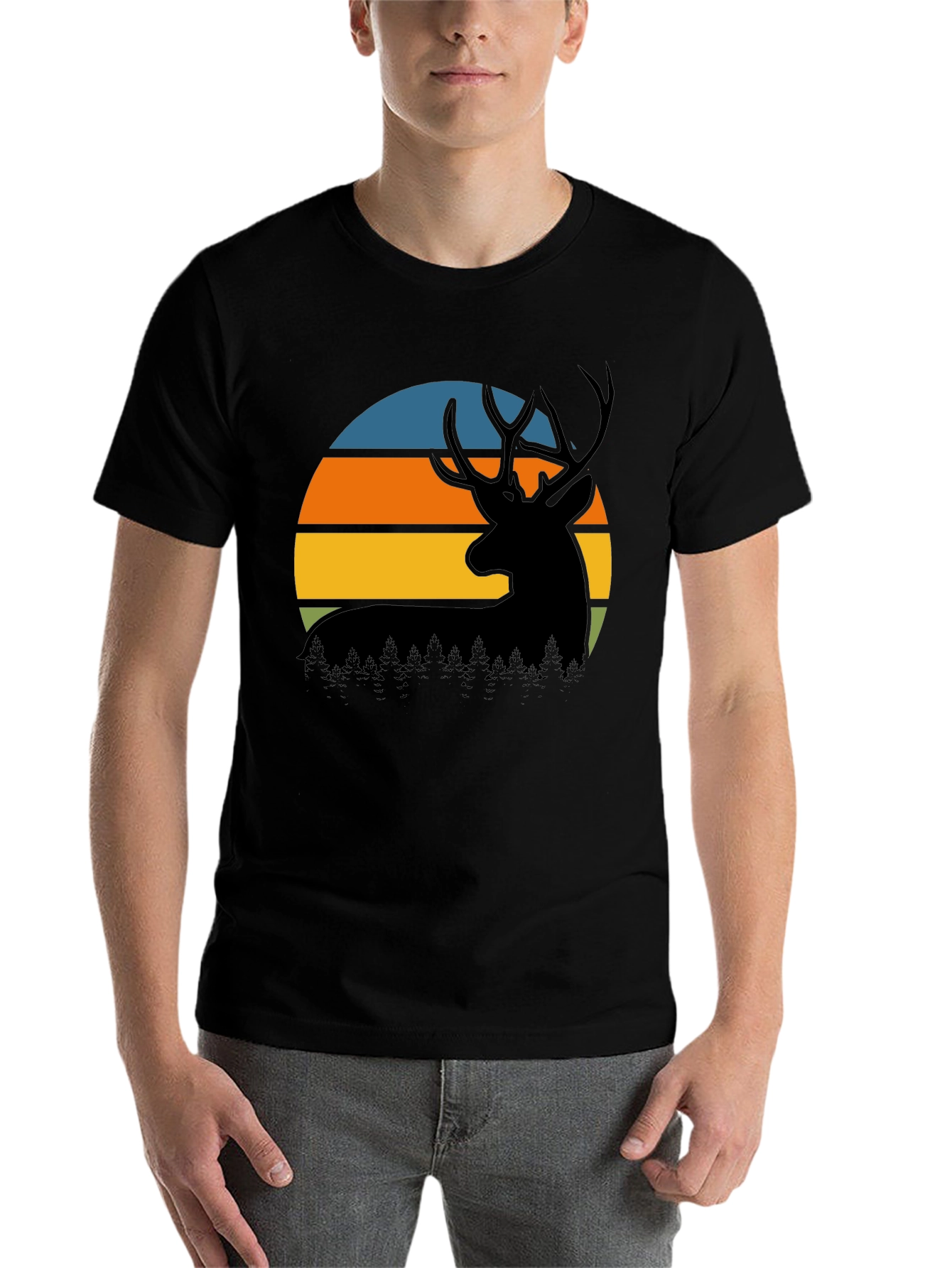 Black Retro Deer Sunset Graphic T-Shirt view 7