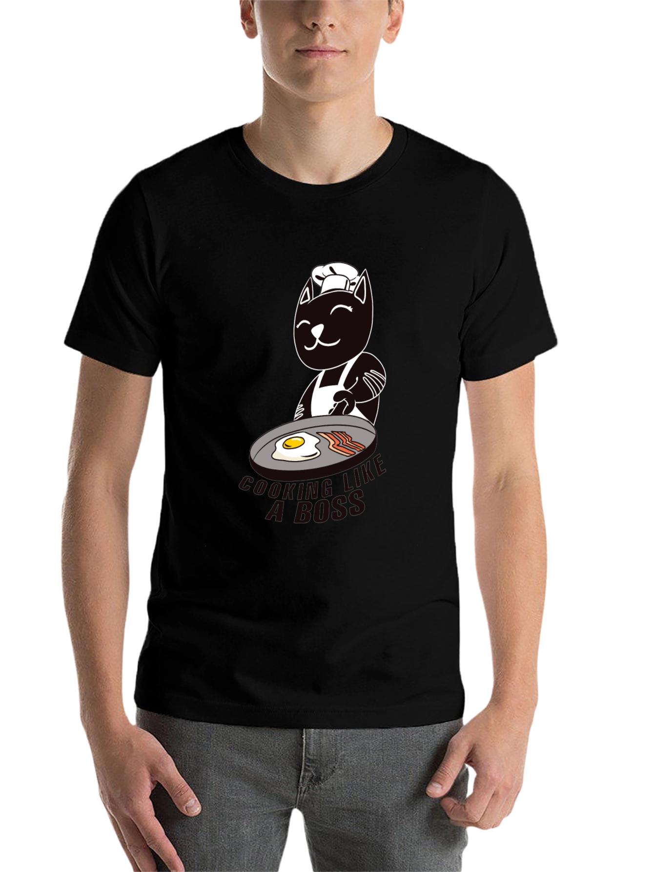 Black Chef Cat Cooking Breakfast Graphic T-Shirt view 7