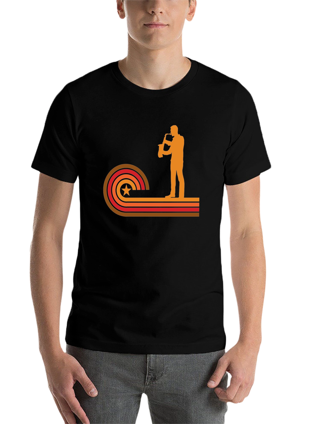 Black Retro Saxophone Player Graphic T-Shirt view 7