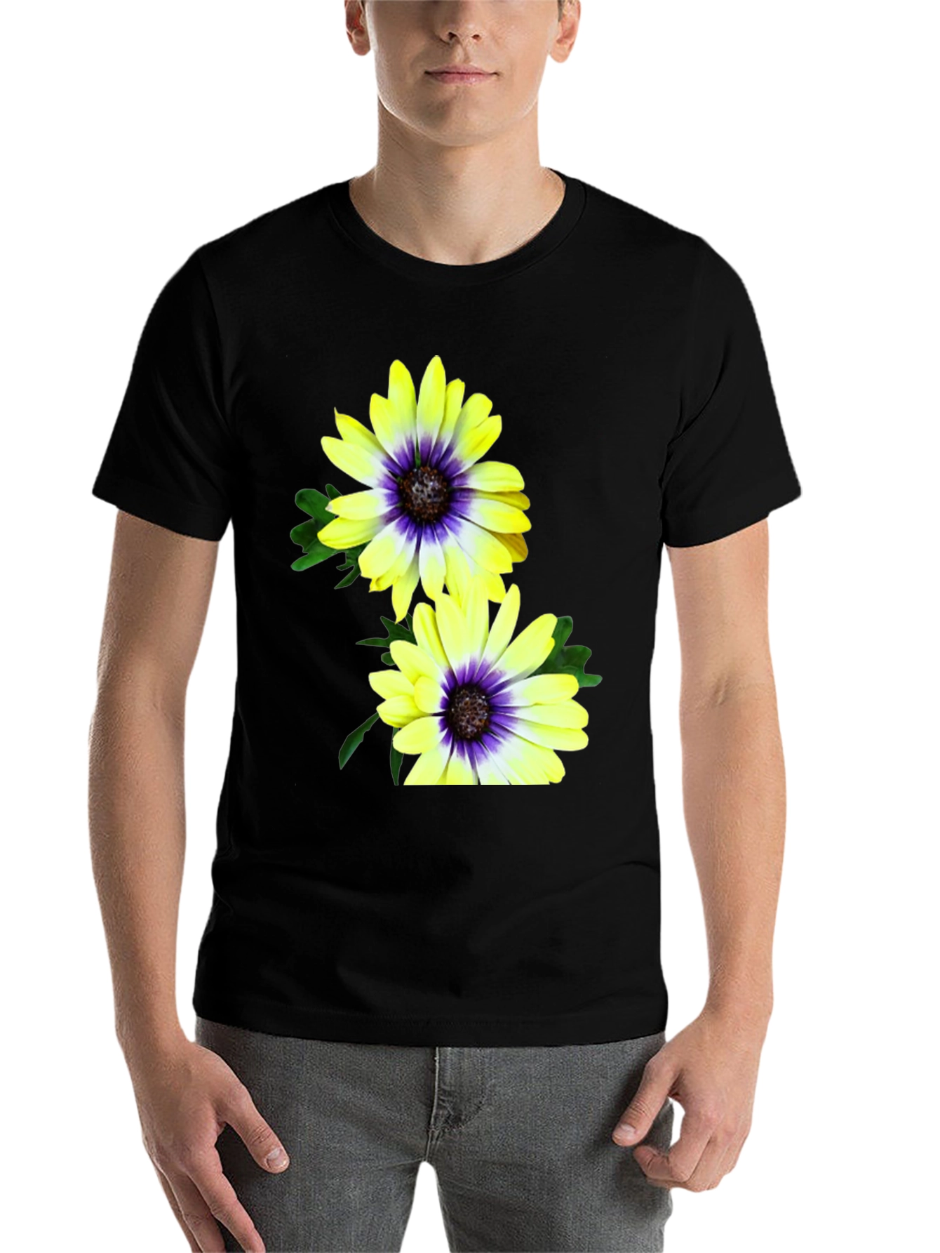 Black Floral T-Shirt: Yellow & Purple Daisy Print view 7