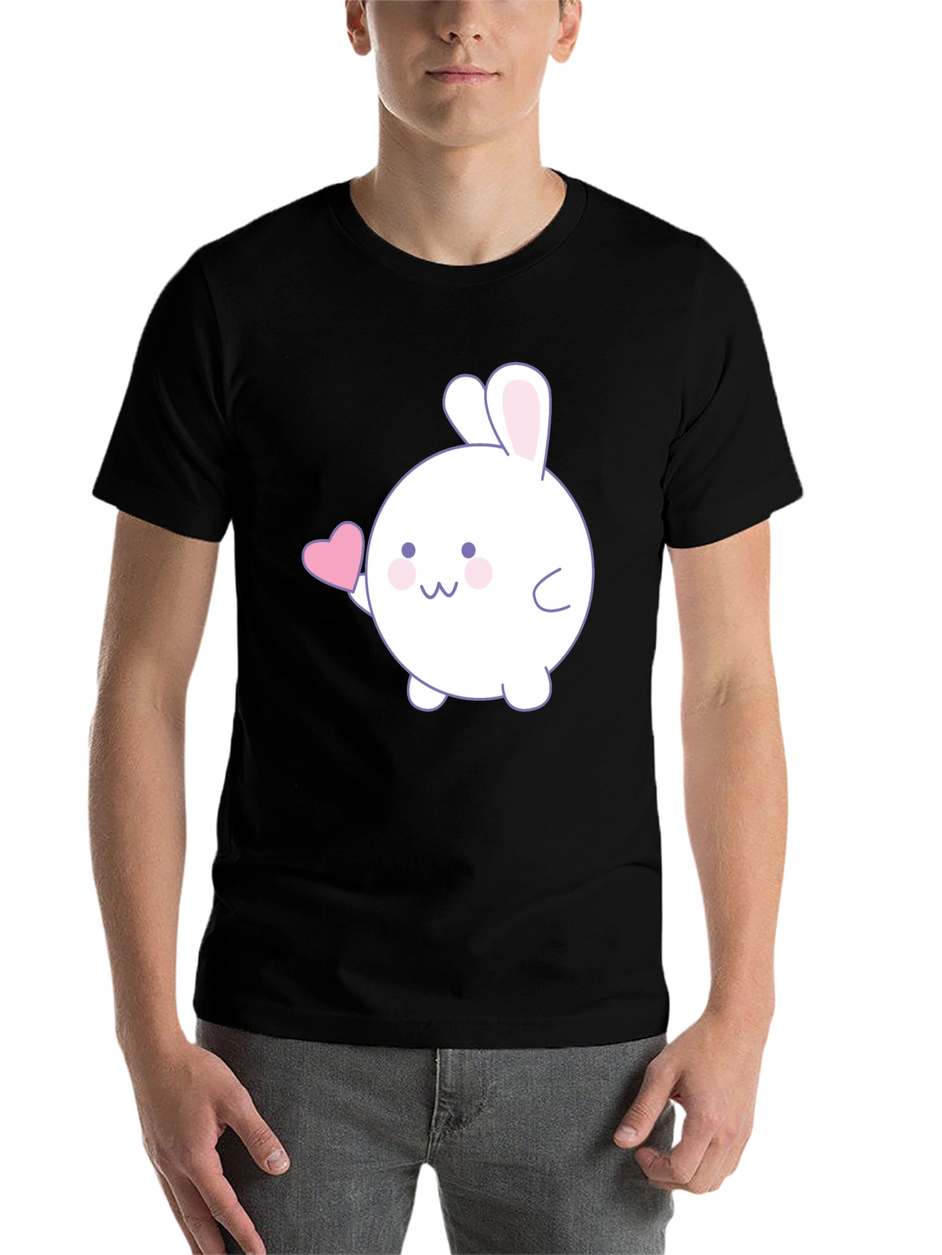 Black Cute Bunny Heart Graphic Black T-Shirt view 7