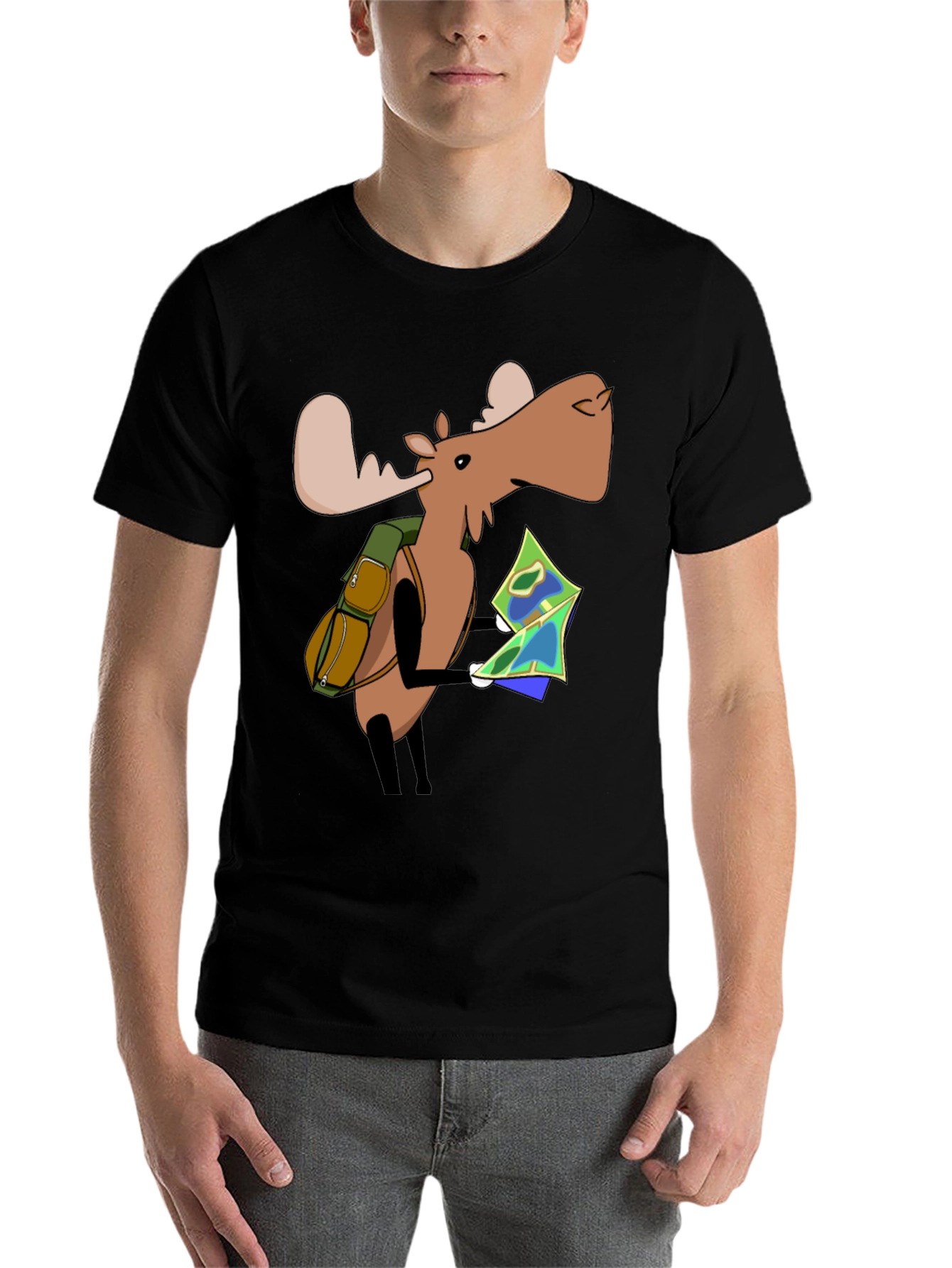 Black Cartoon Moose with Map T-Shirt - Black view 7