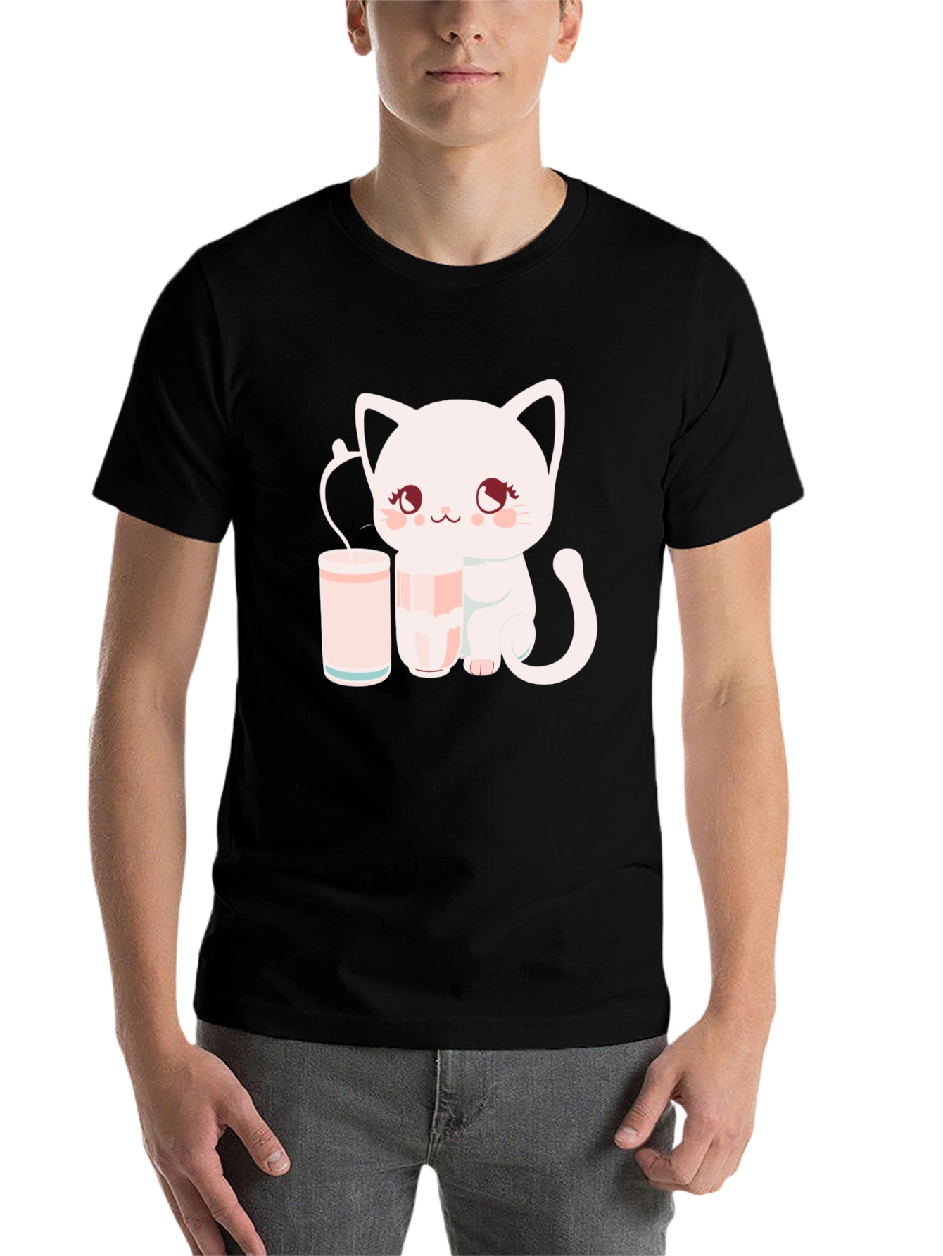 Black Cute Kitten with Milk T-Shirt view 7