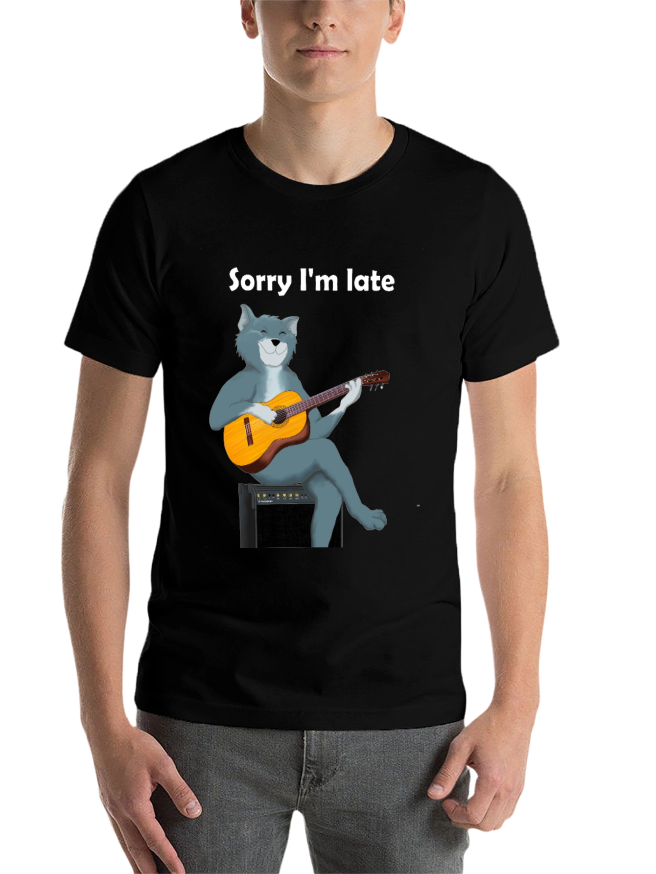 Black Sorry I'm Late Cat Guitar T-Shirt view 7