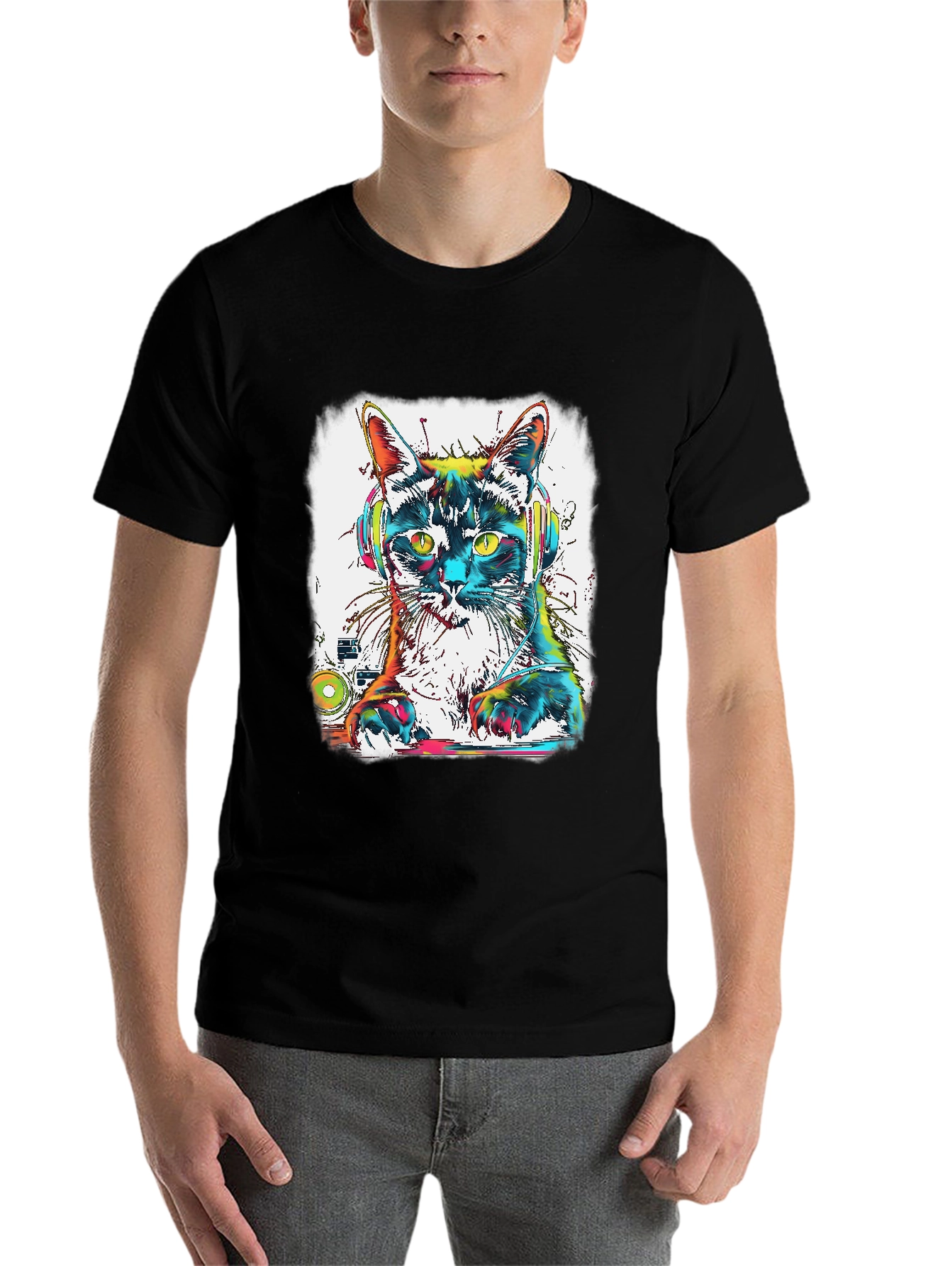 Black DJ Cat T-Shirt - Colorful Graphic Tee view 7