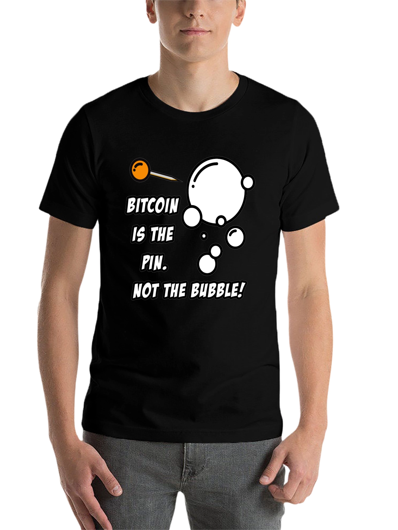 Black Bitcoin Pin Bubble Graphic T-Shirt view 7