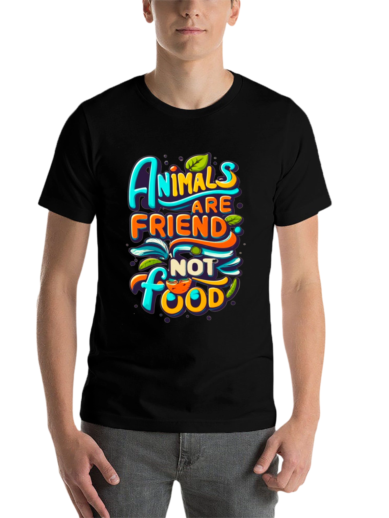 Black Vegan T-Shirt: Animals are Friends, Not Food! view 7