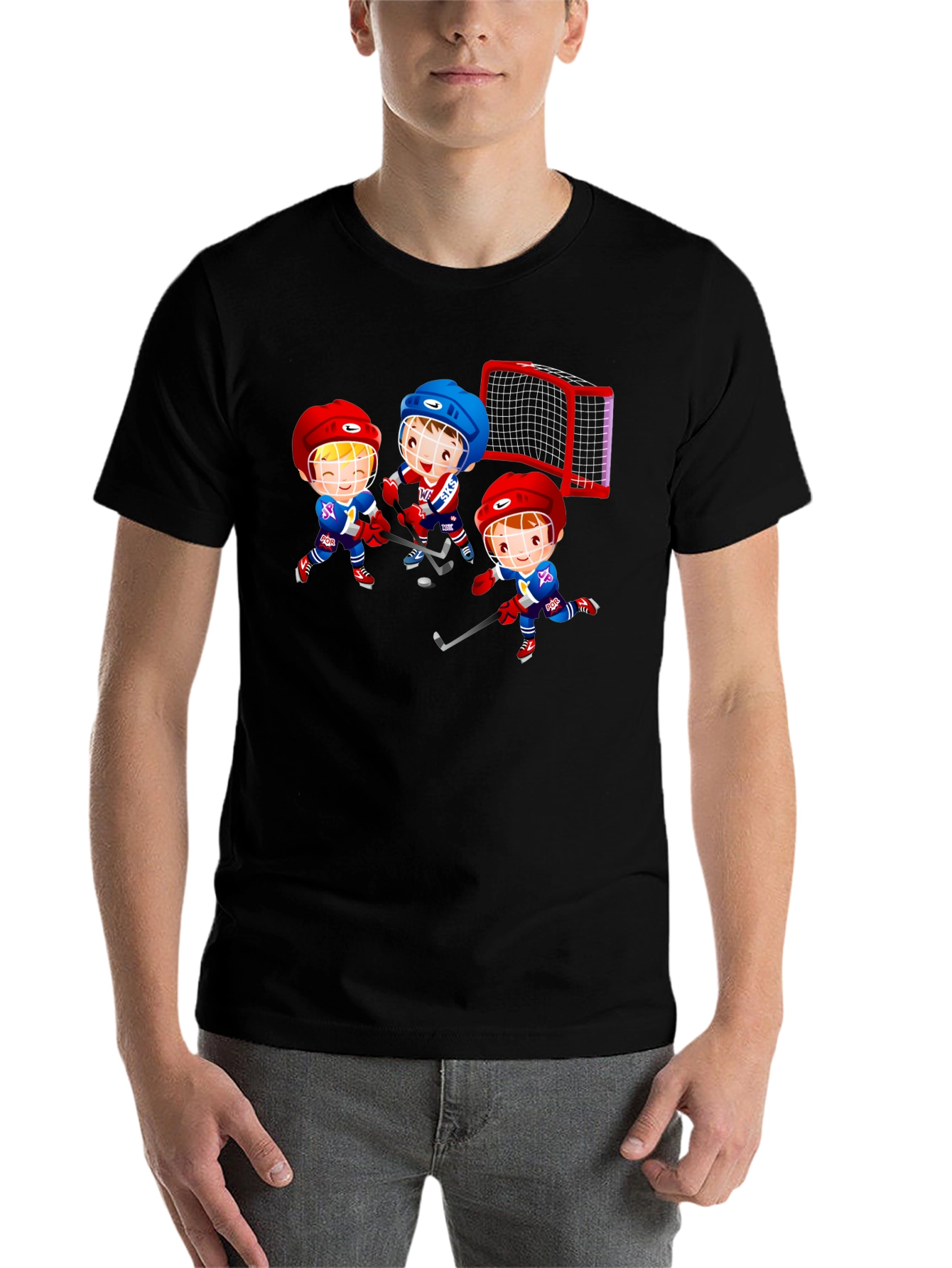 Black Hockey Cartoon Graphic T-Shirt - Fun Sports Tee view 7