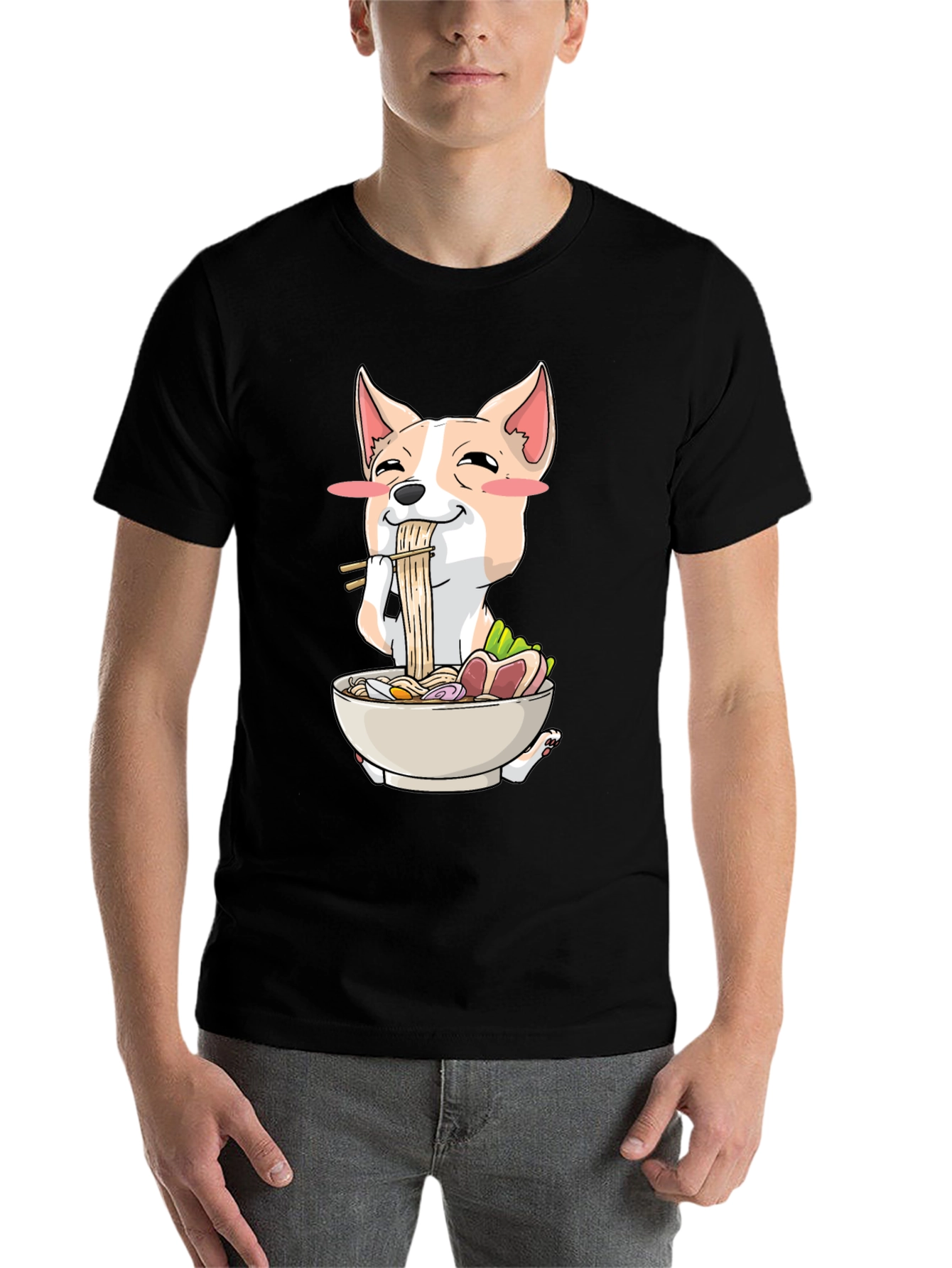 Black Cute Dog Eating Ramen Graphic T-Shirt view 7