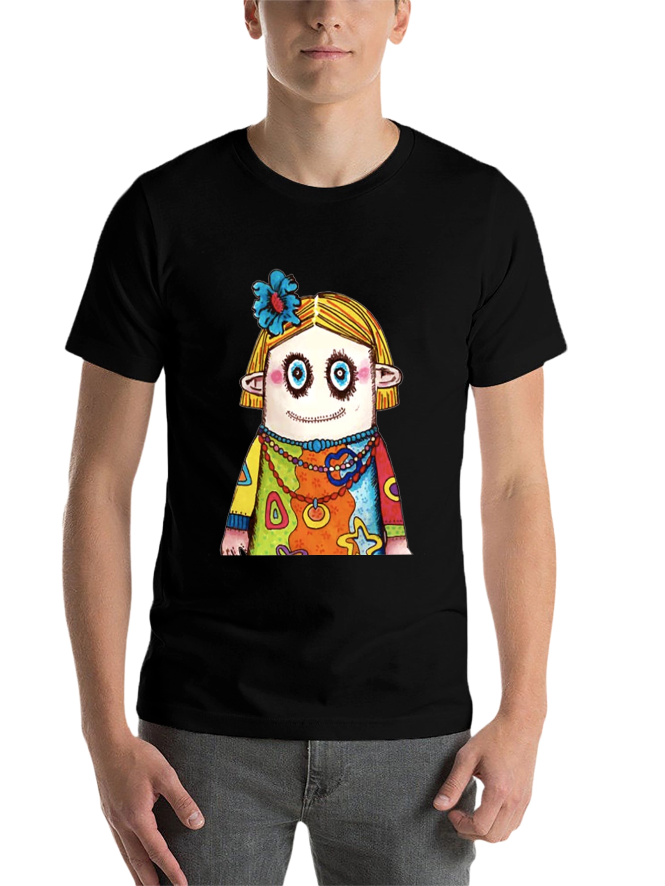 Black Quirky Cartoon Character Graphic Black T-Shirt view 7