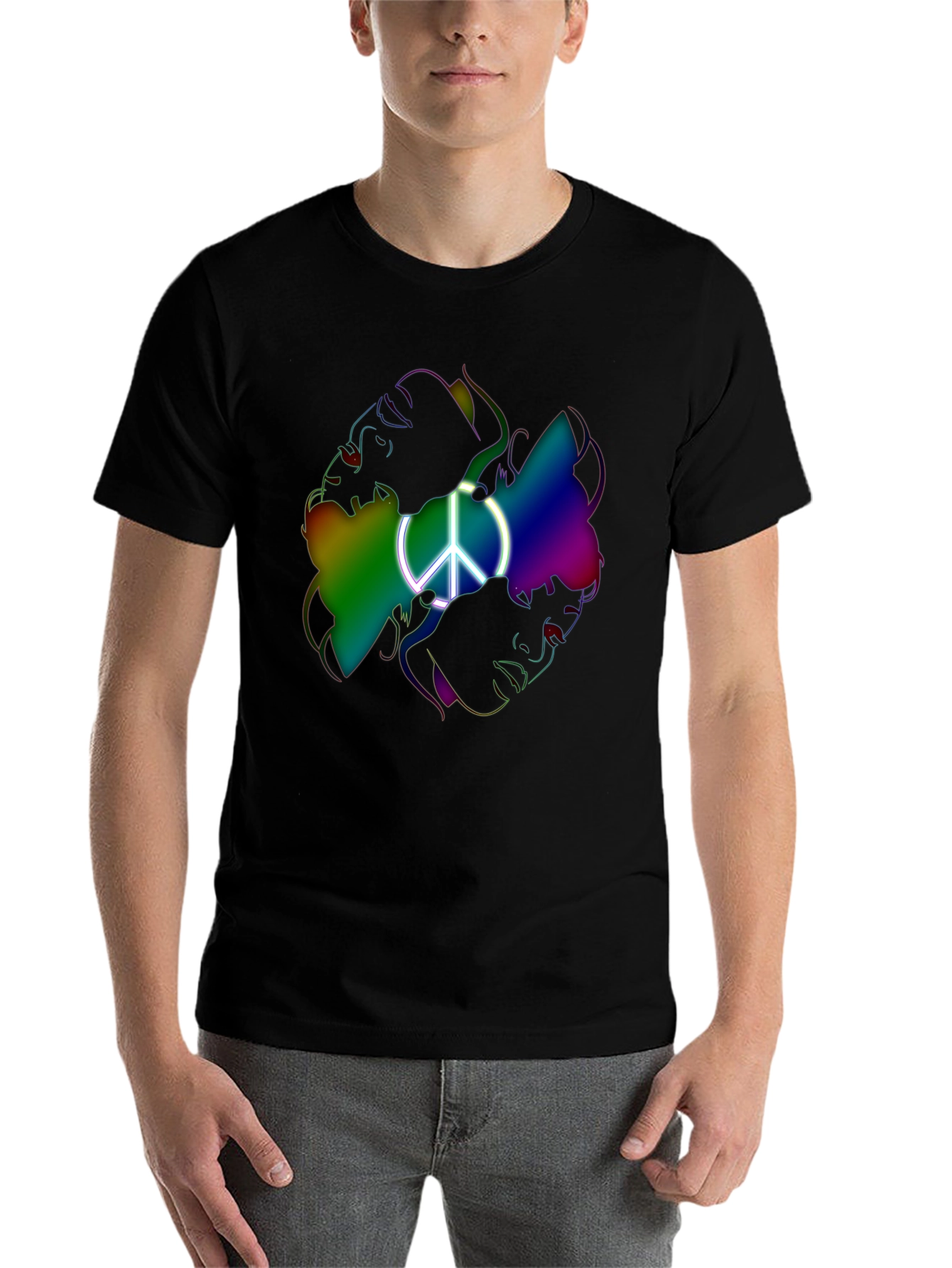 Black Peace Sign Rainbow Faces Graphic T-Shirt view 7