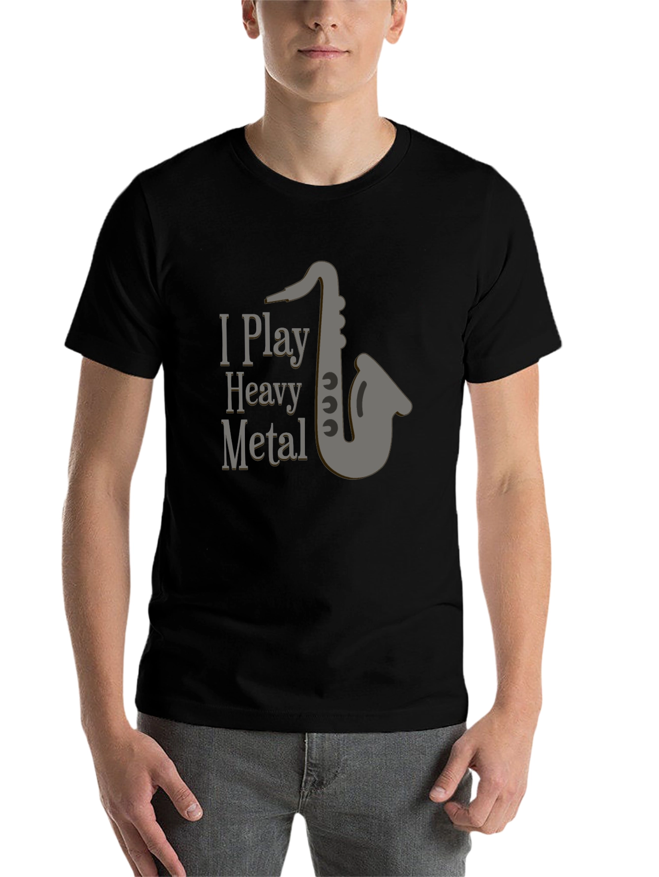 Black I Play Heavy Metal T-Shirt - Saxophone Design view 7