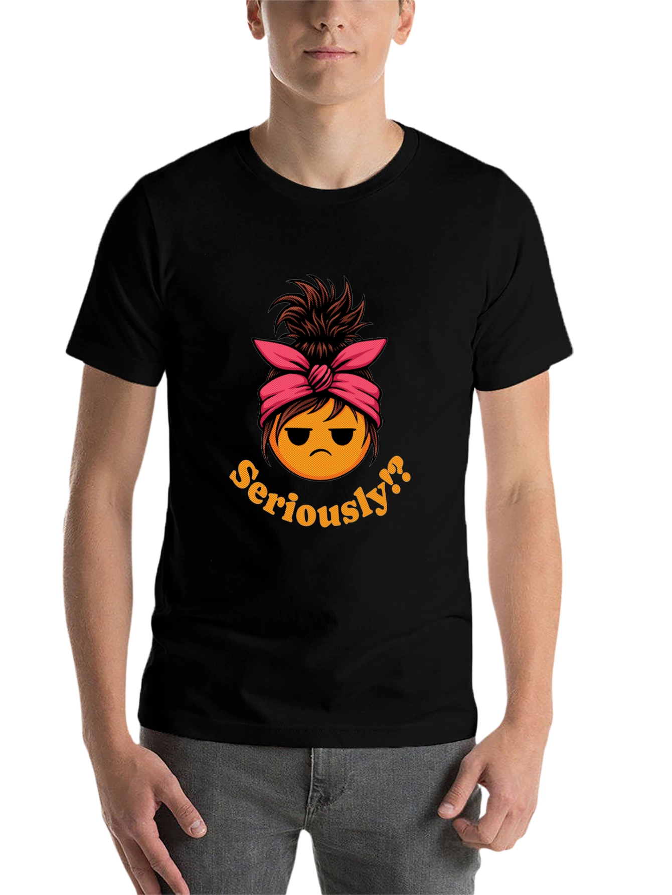 Black Seriously?! Messy Bun Emoji T-Shirt view 7