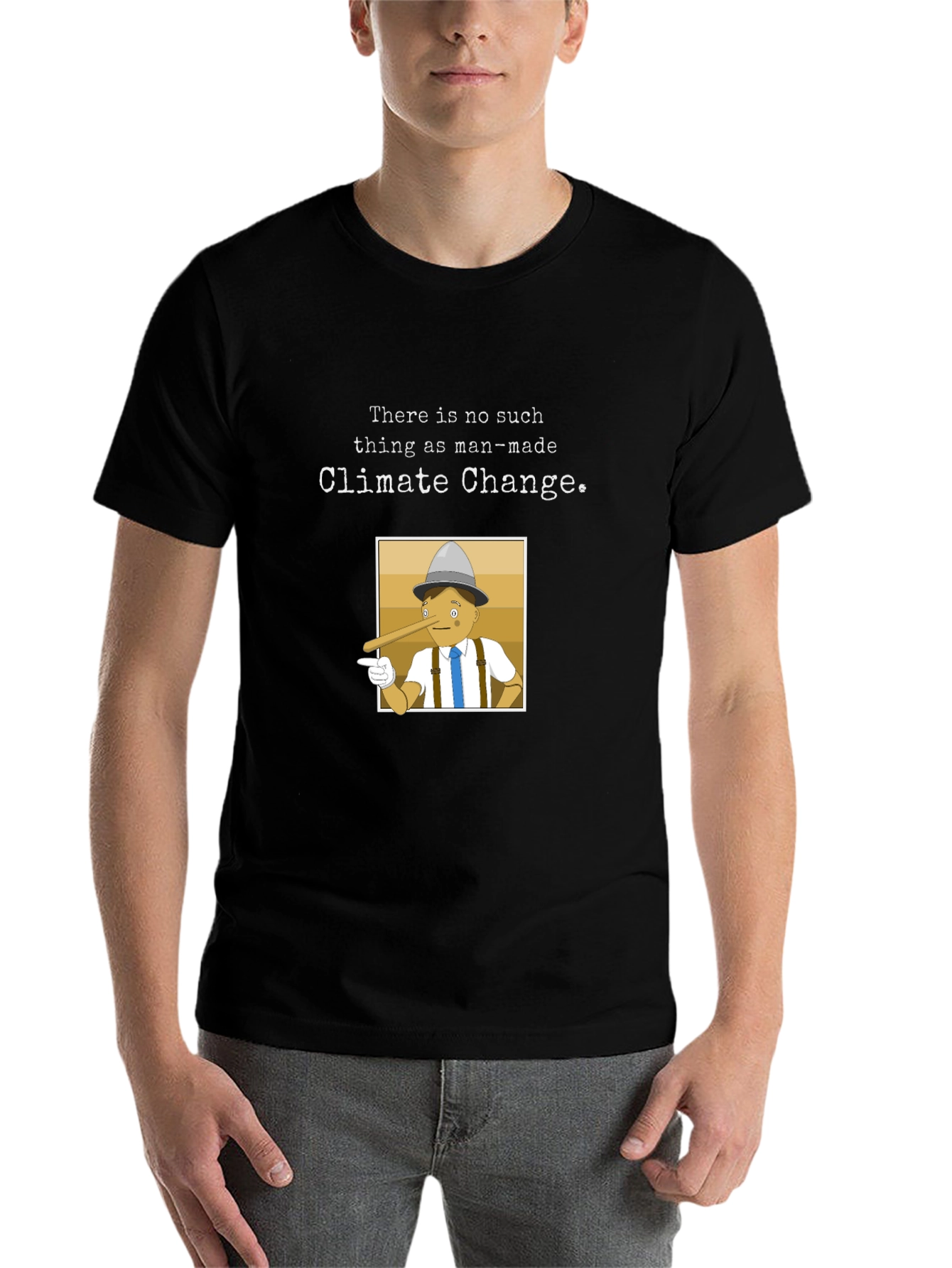 Black Climate Change Skeptic T-Shirt - Pinocchio Design view 7