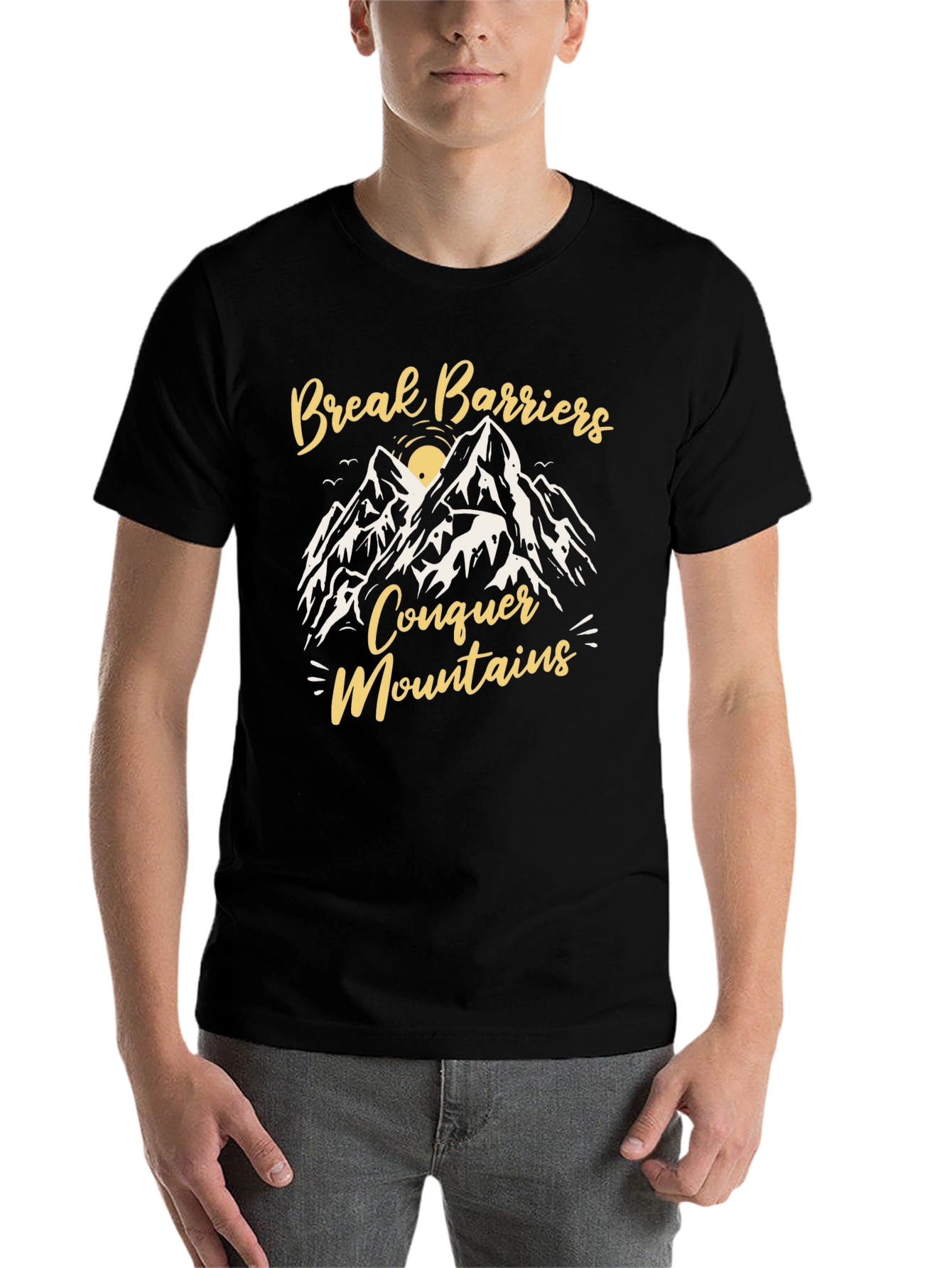 Black Break Barriers Conquer Mountains Graphic Tee view 7