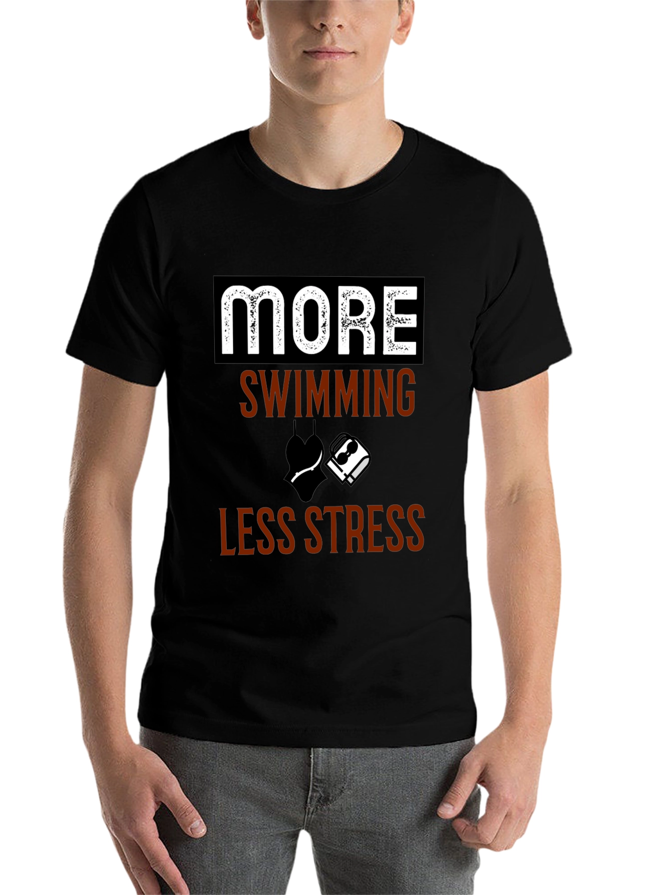 More Swimming Less Stress Black T-Shirt - 7