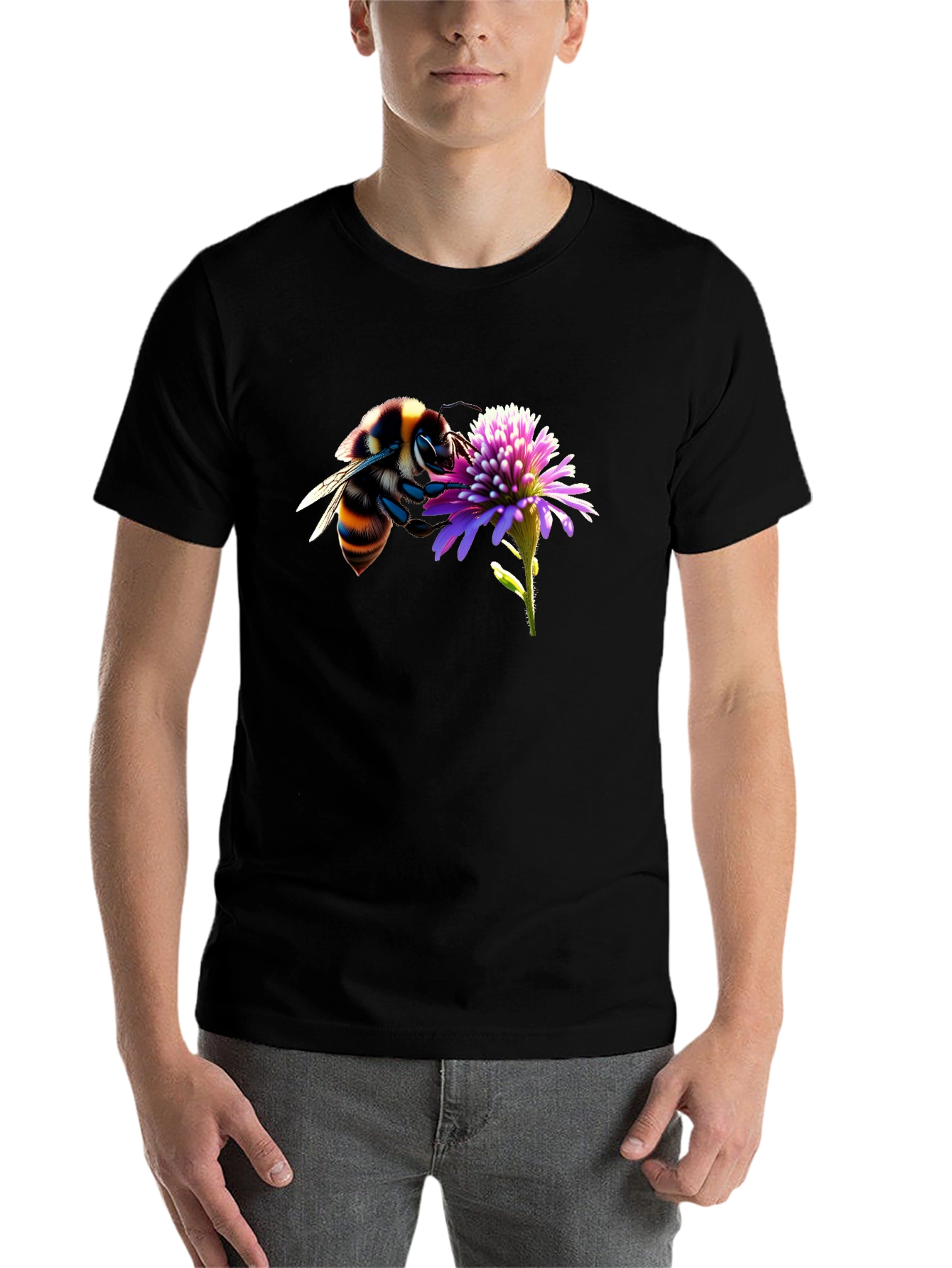 Black Bee on Flower Graphic Tee - Black Cotton T-Shirt view 7