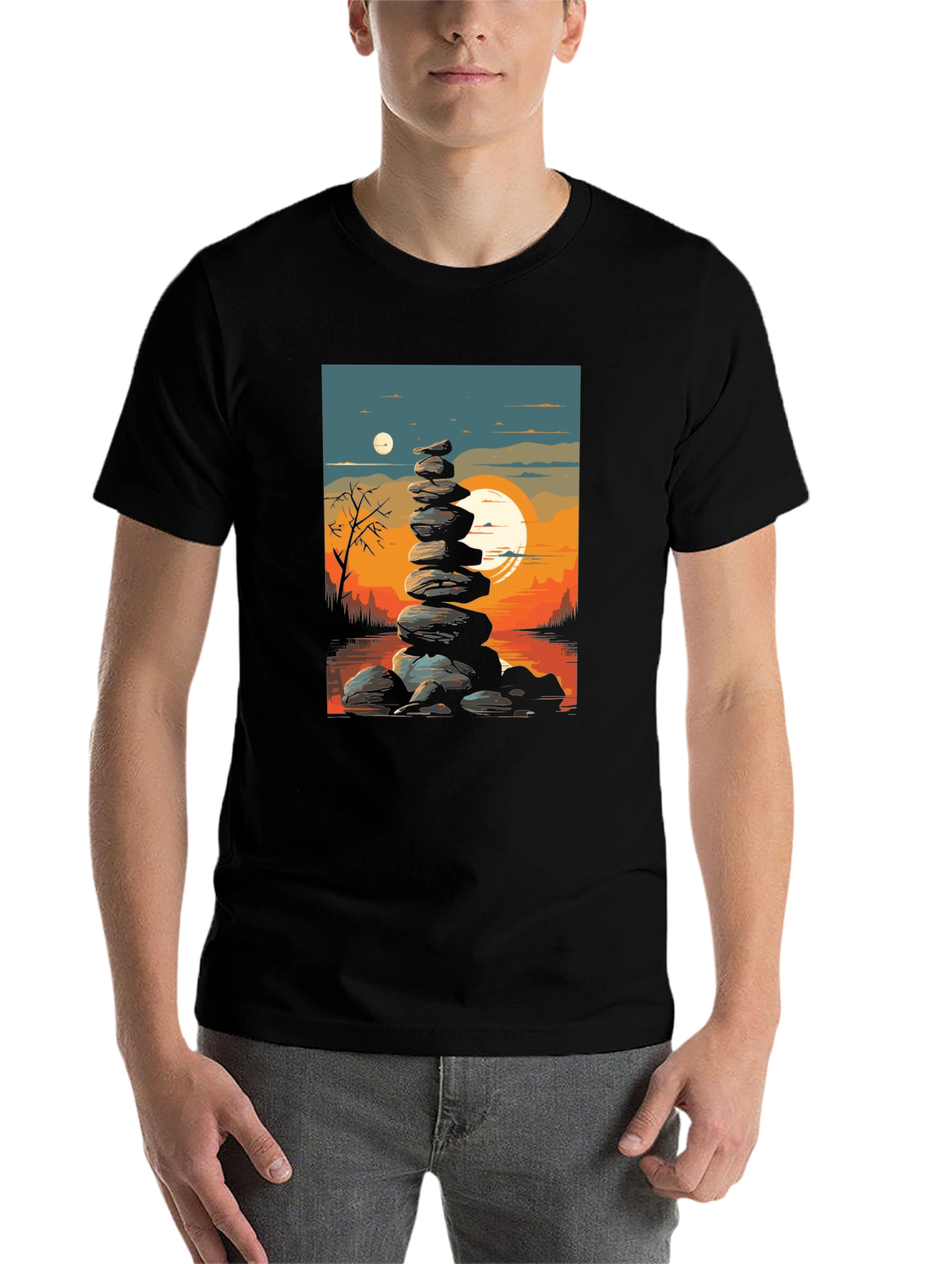 Black Zen Rock Stack T-Shirt - Sunset Landscape view 7