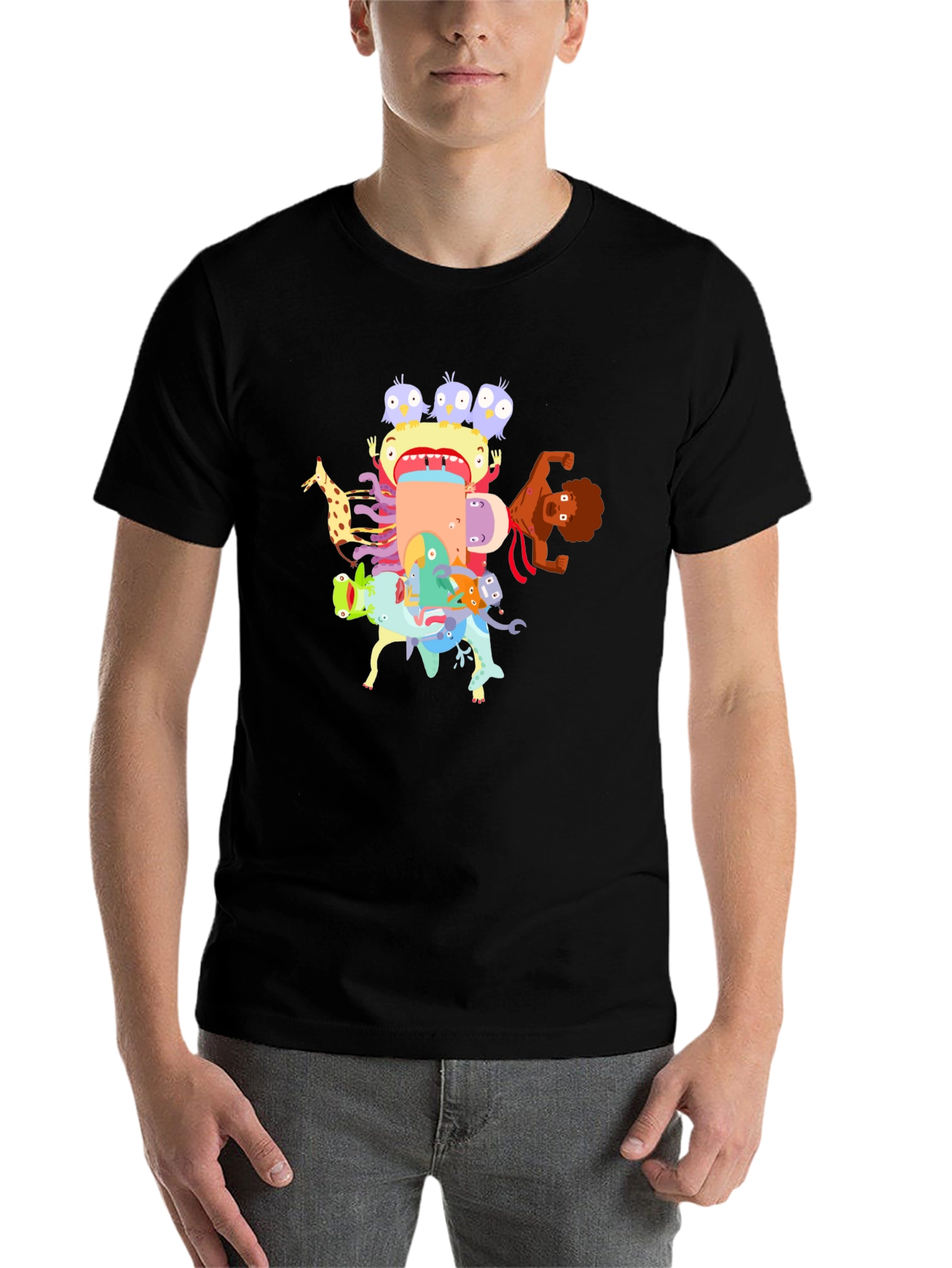 Black Cartoon Creature Stack Black T-Shirt view 7