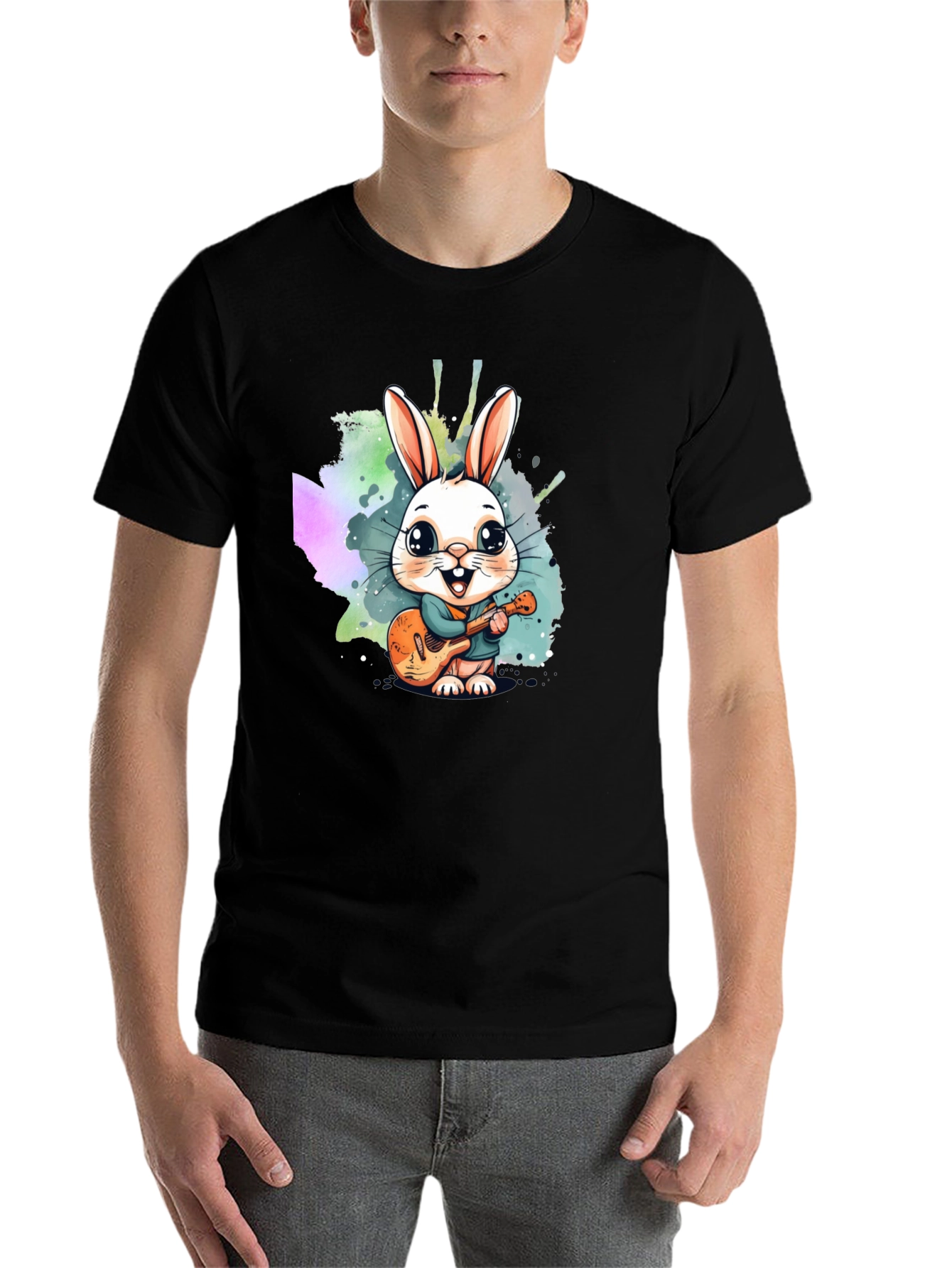 Black Cute Bunny Guitarist Black T-Shirt view 7