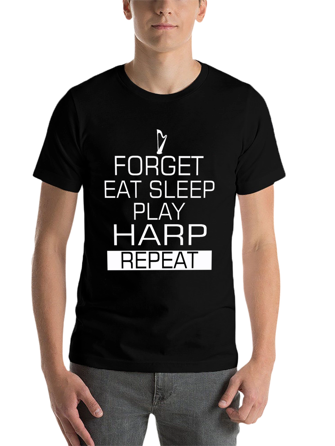 Black Forget Eat Sleep Play Harp Repeat T-Shirt view 7