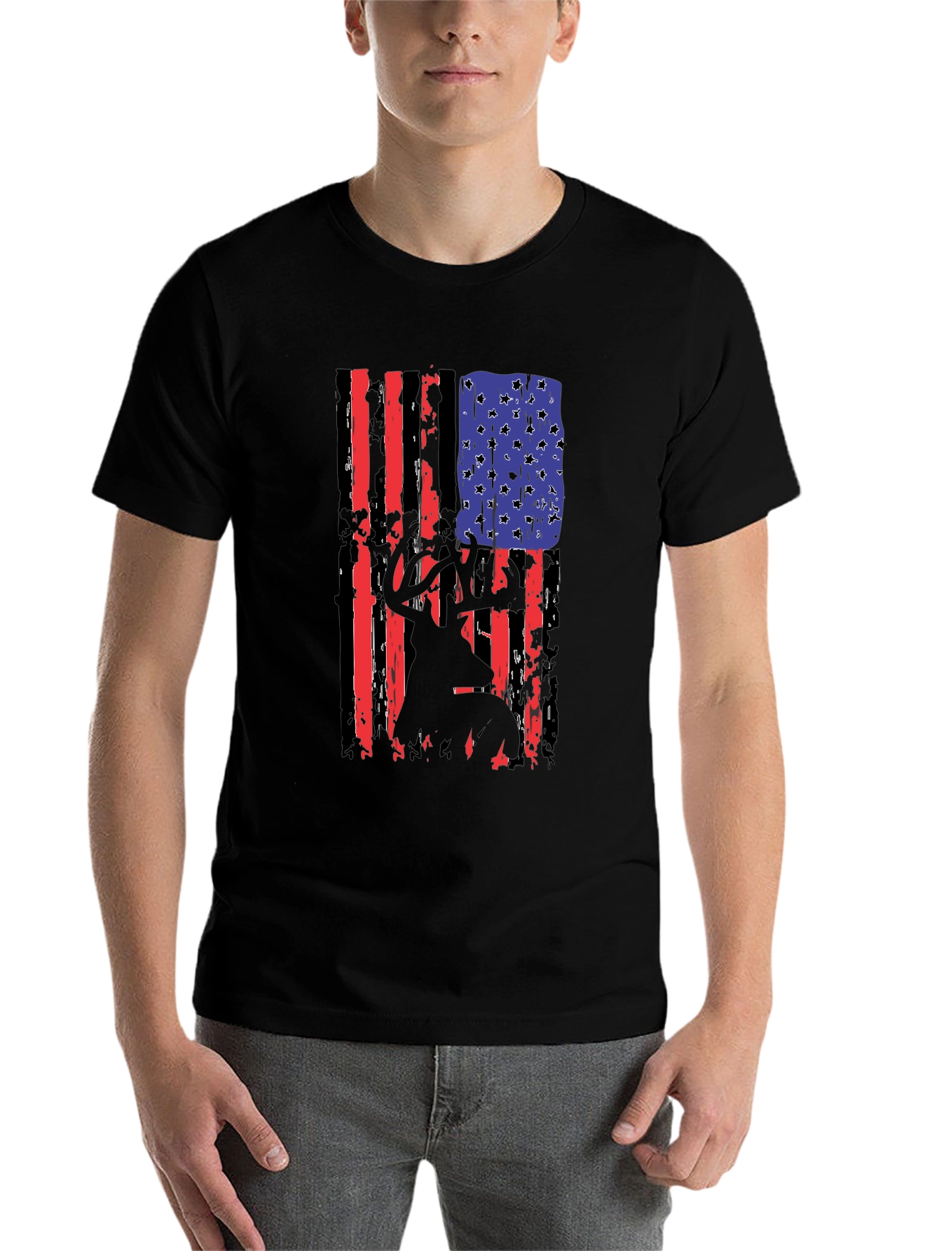 Black Distressed American Flag Deer Hunter T-Shirt view 7