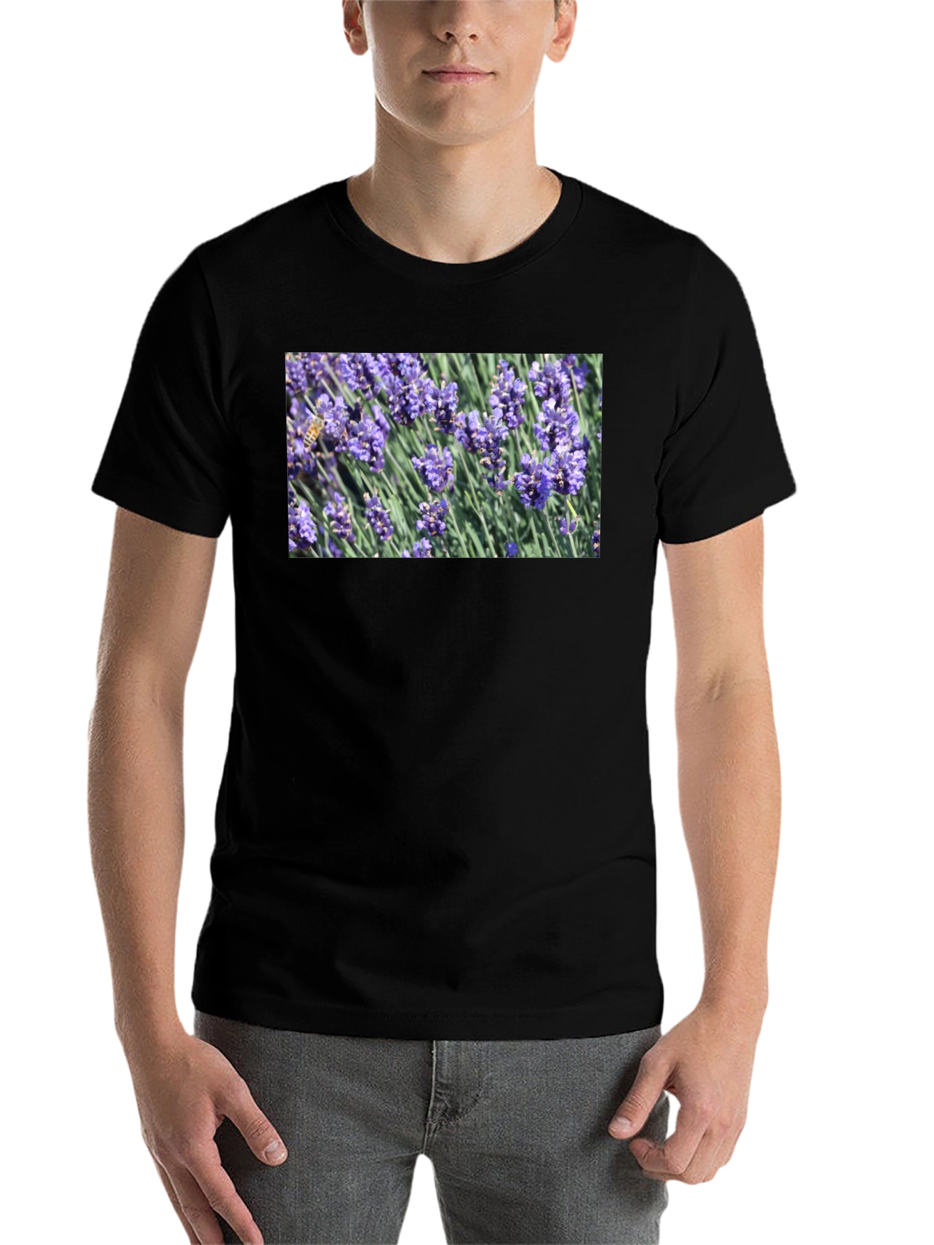 Black Floral Print T-Shirt: Bee on Lavender view 7