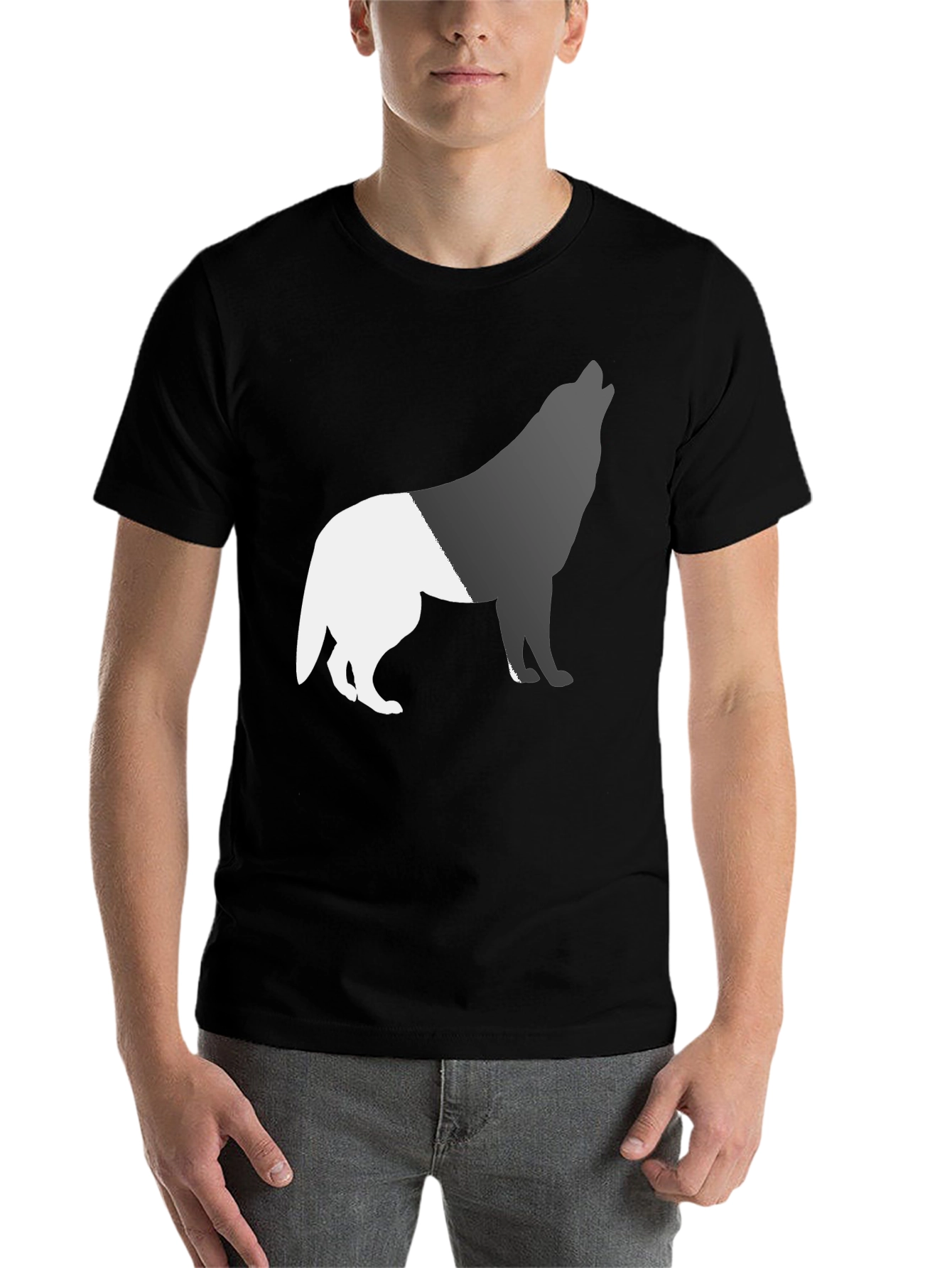 Black Two-Tone Wolf Graphic Tee - Black Cotton Blend view 7