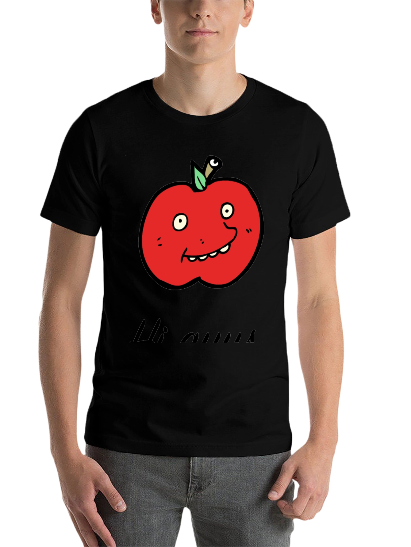 Black Cartoon Apple Graphic Tee - Funny Fruit T-Shirt view 7