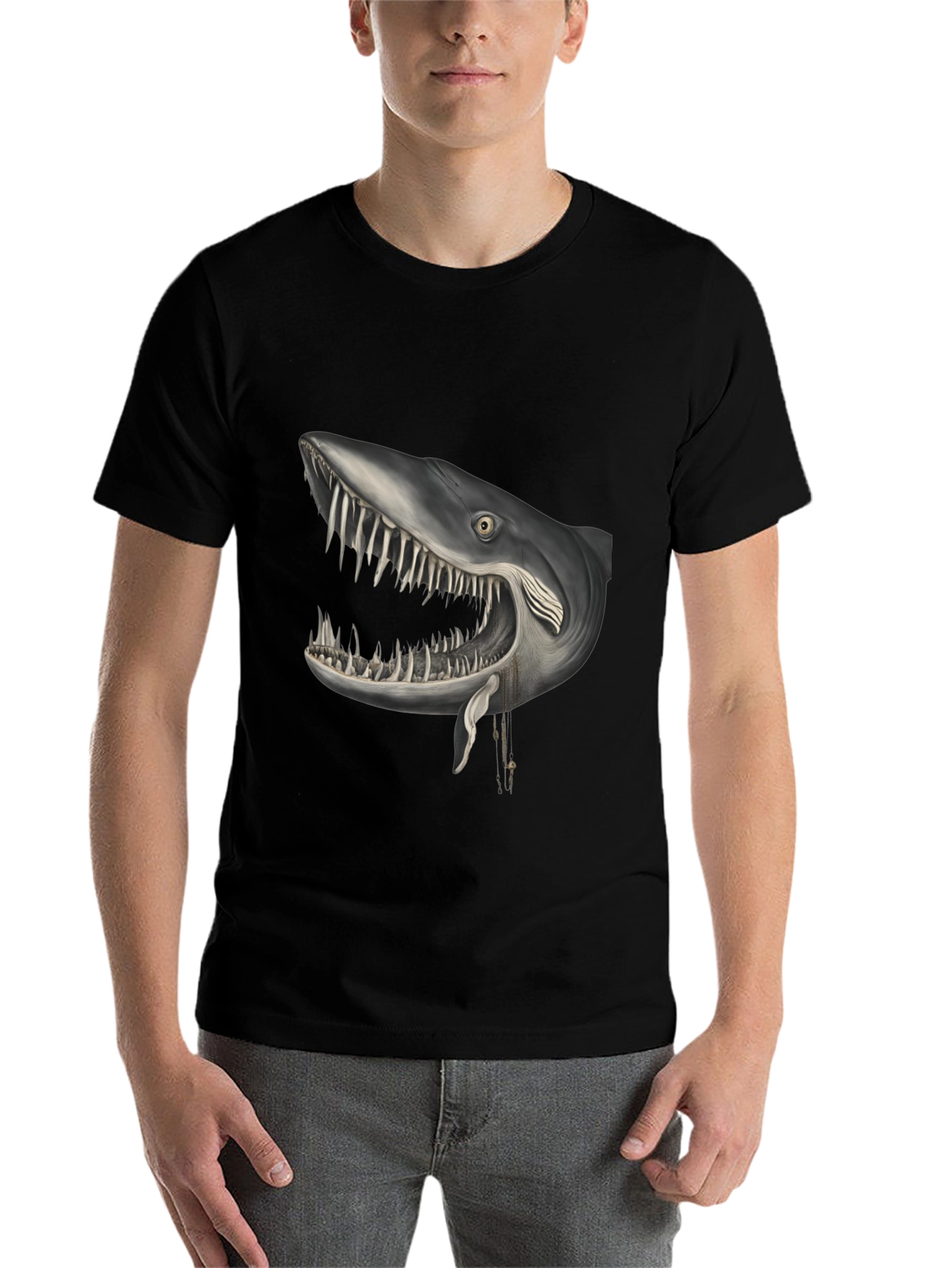 Black Shark Head Graphic Print Crew Neck T-Shirt view 7