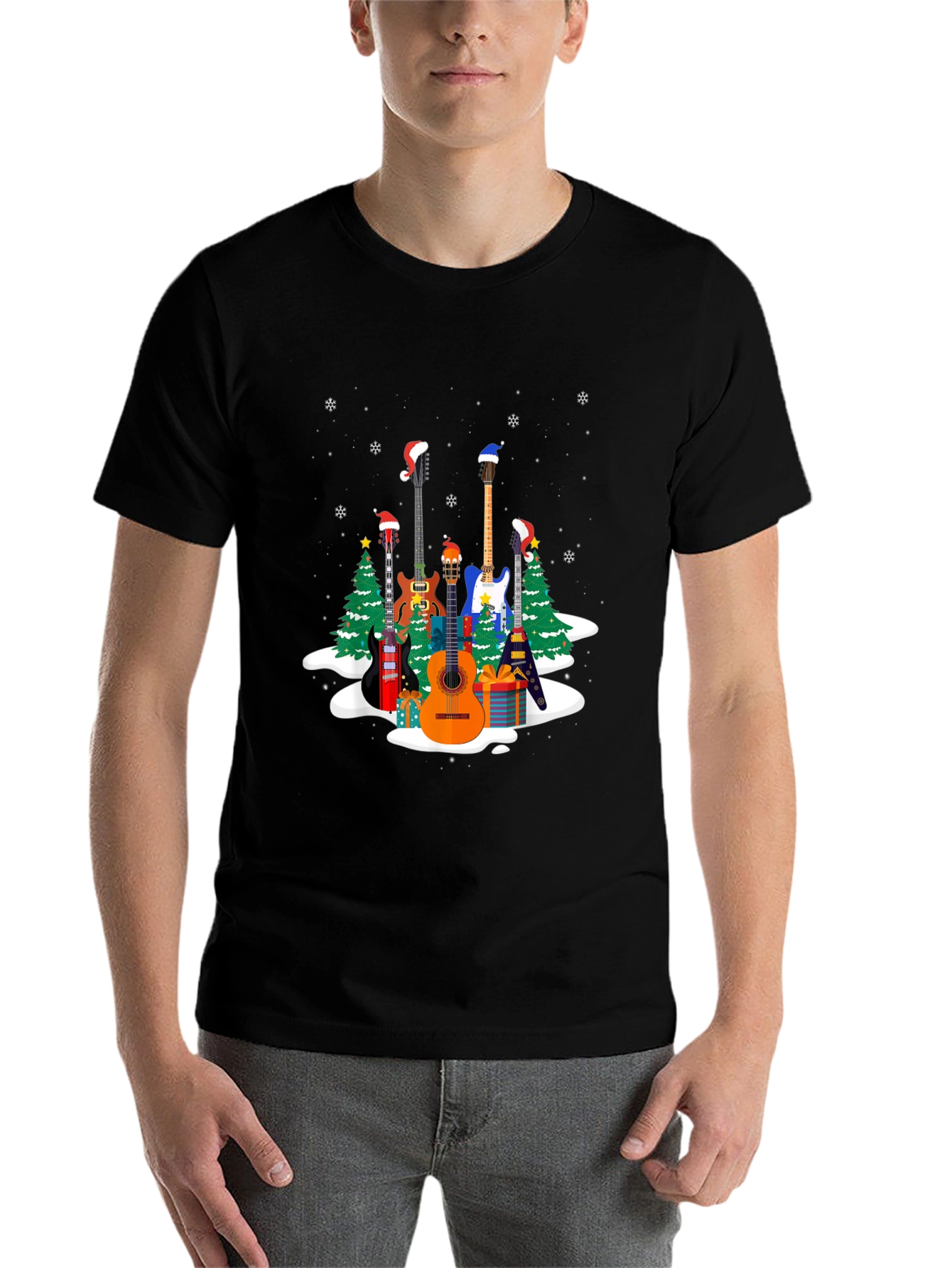 Black Festive Guitar Christmas T-Shirt view 7