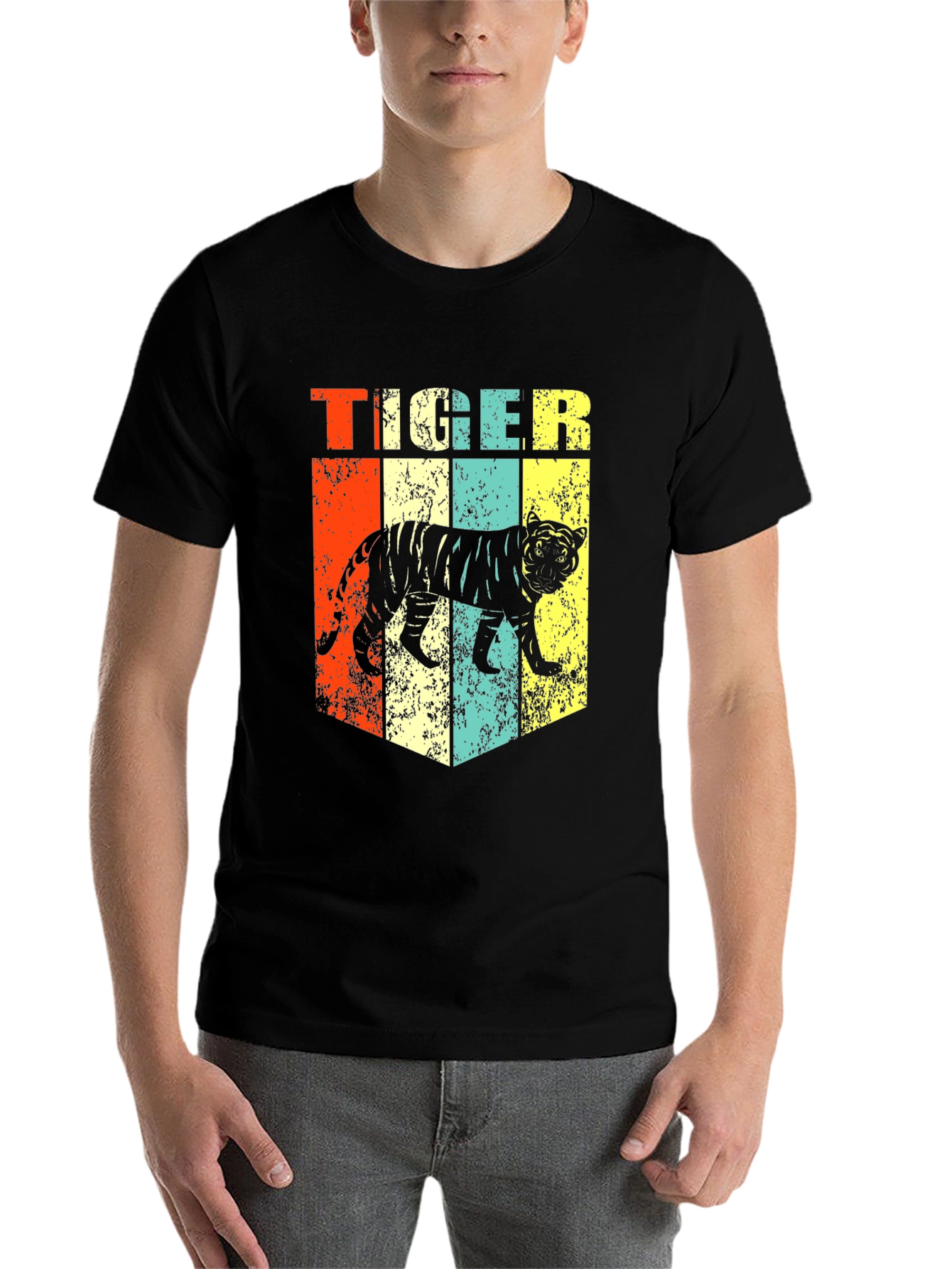 Black Retro Tiger Graphic Print Men's Black T-Shirt view 7