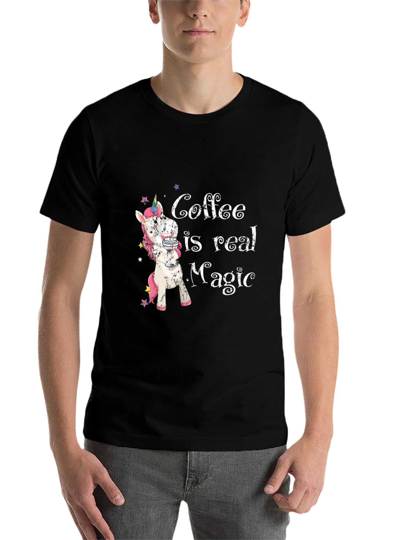 Black Coffee is Real Magic T-Shirt - Unicorn Design view 7