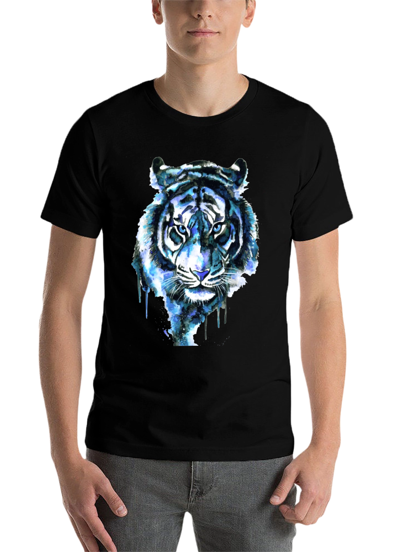 Black Blue Tiger Graphic Tee - Cool Watercolor Design view 7