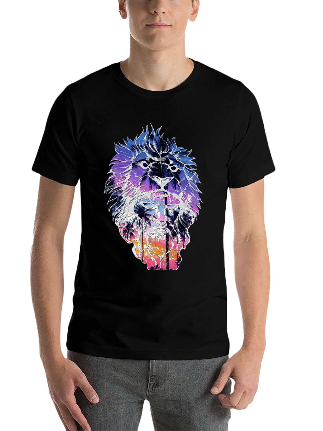 Black Lion Sunset Graphic Tee - Trendy Men's Black T-Shirt view 7