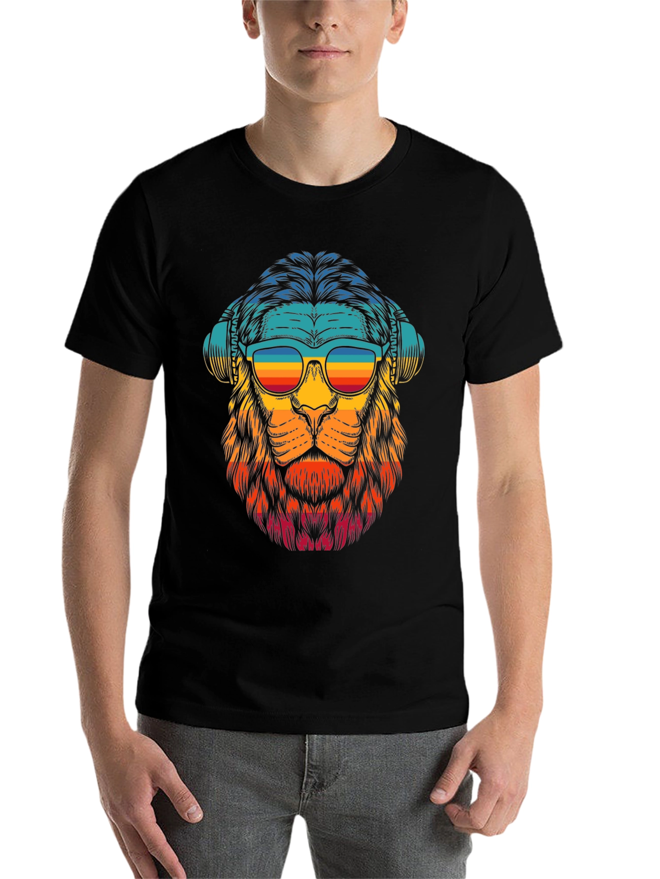 Black Retro Lion Graphic Tee - Black Cotton Blend view 7