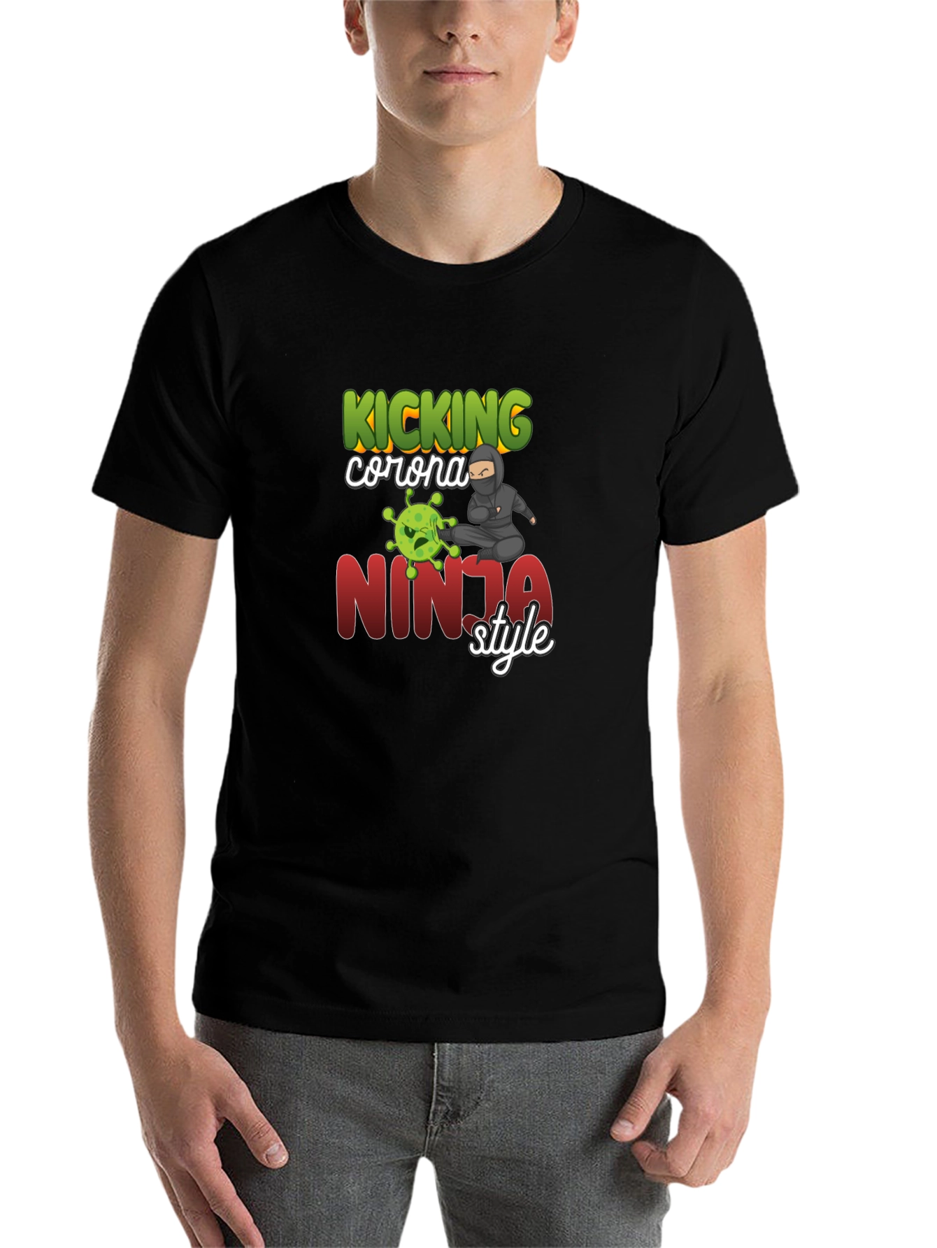 Black Kicking Corona Ninja Style T-Shirt view 7