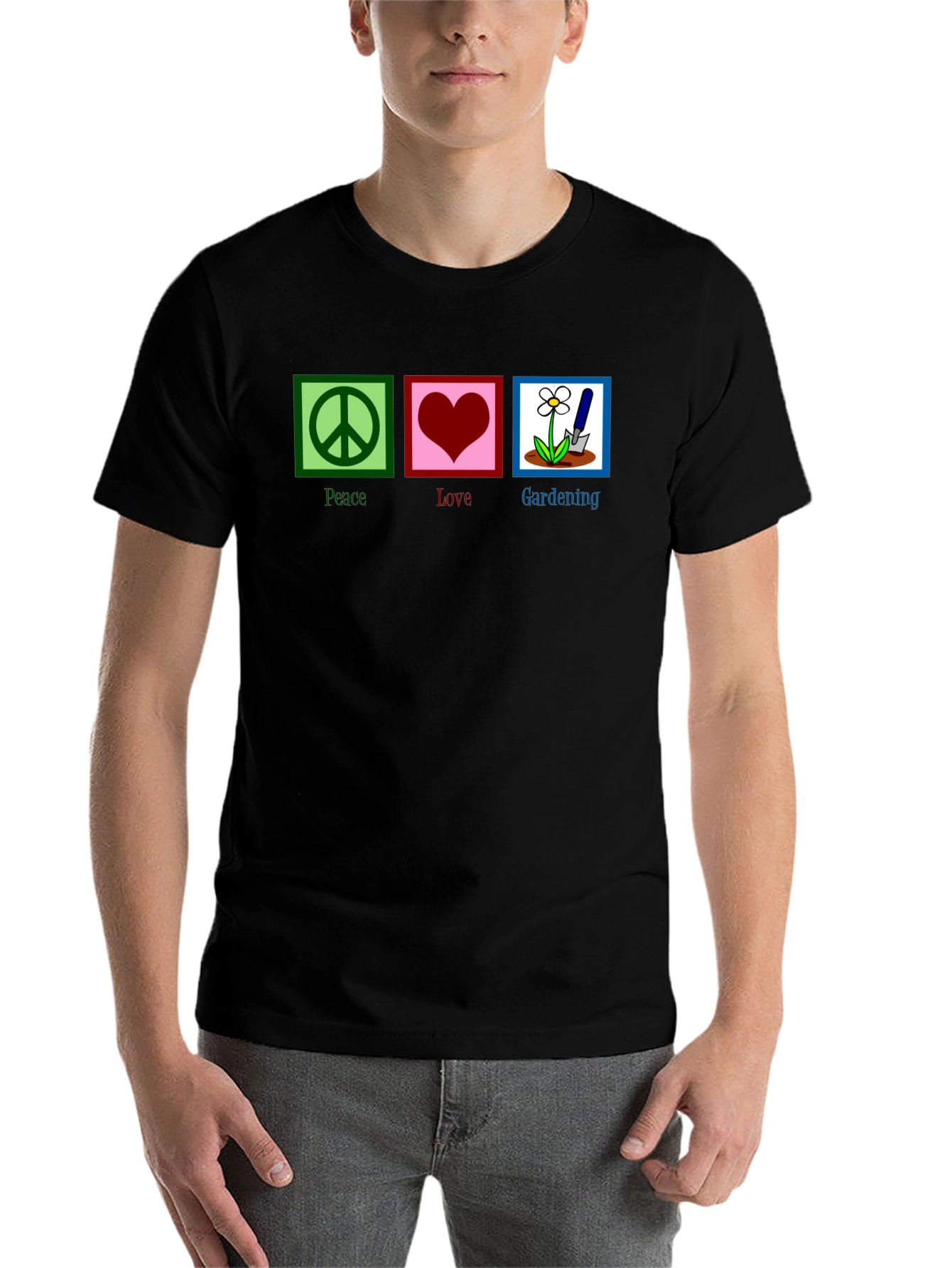 Black Peace, Love, Gardening Graphic T-Shirt view 7