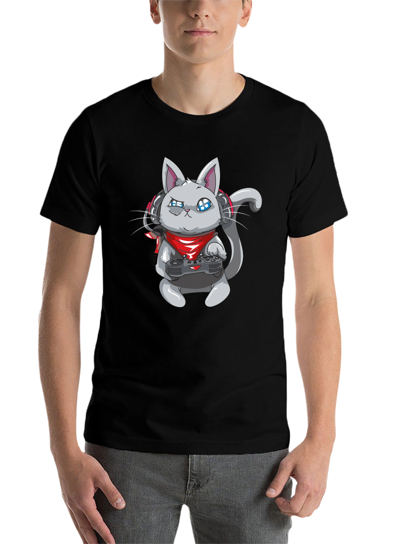 Black Gamer Cat Black T-Shirt - Gaming Cartoon Tee view 7