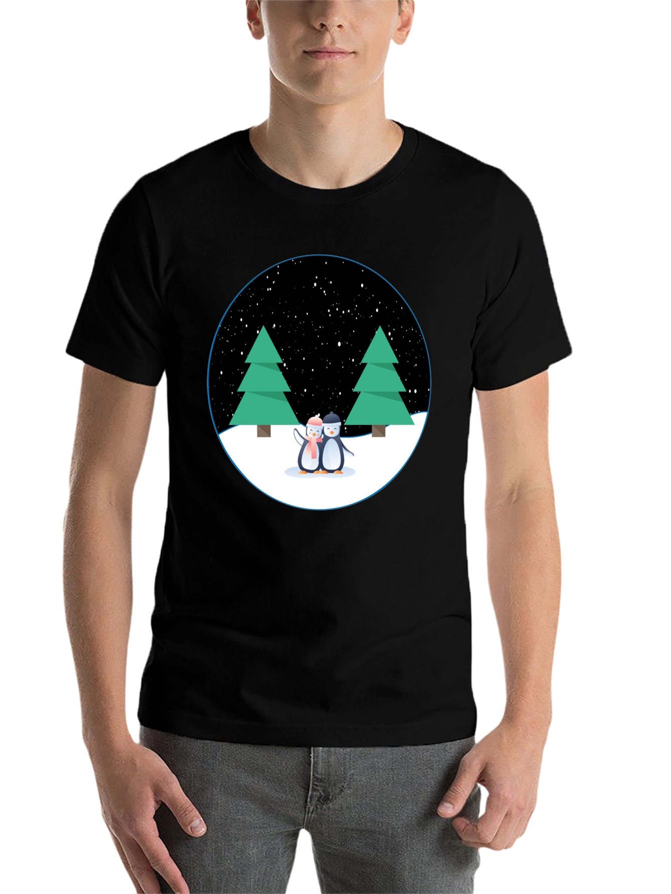 Black Penguin Winter Scene Black T-Shirt view 7
