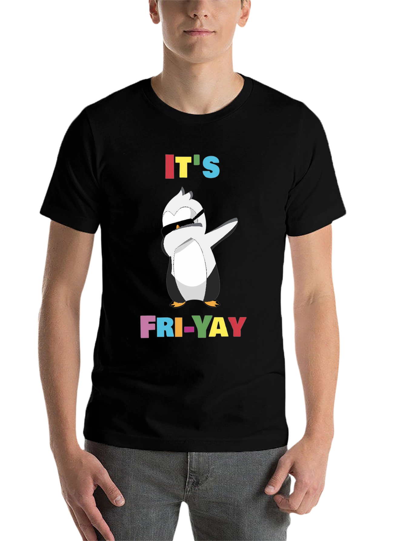 Black It's Fri-Yay Penguin Dabbing T-Shirt view 7