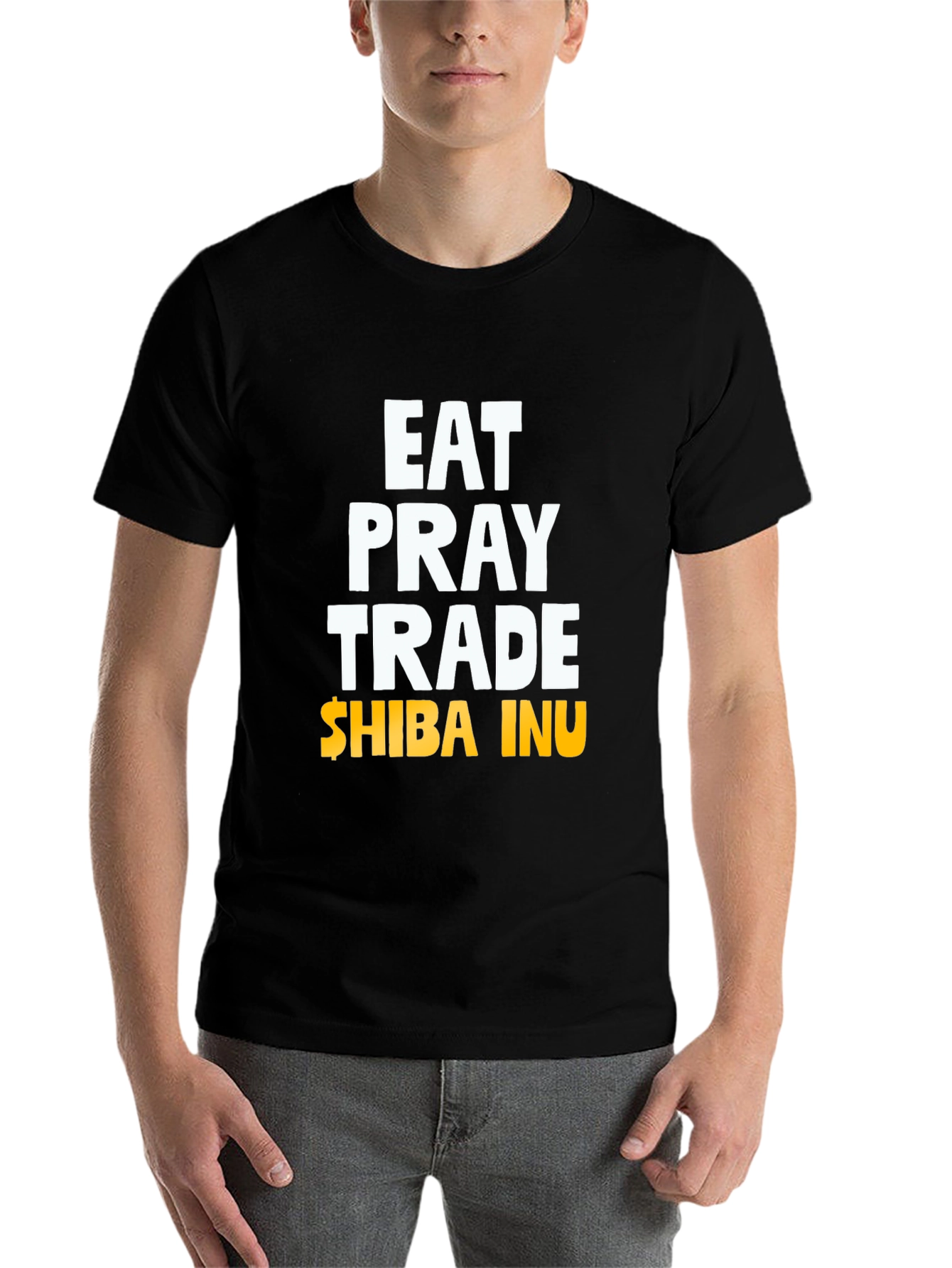 Black Eat Pray Trade Shiba Inu T-Shirt view 7